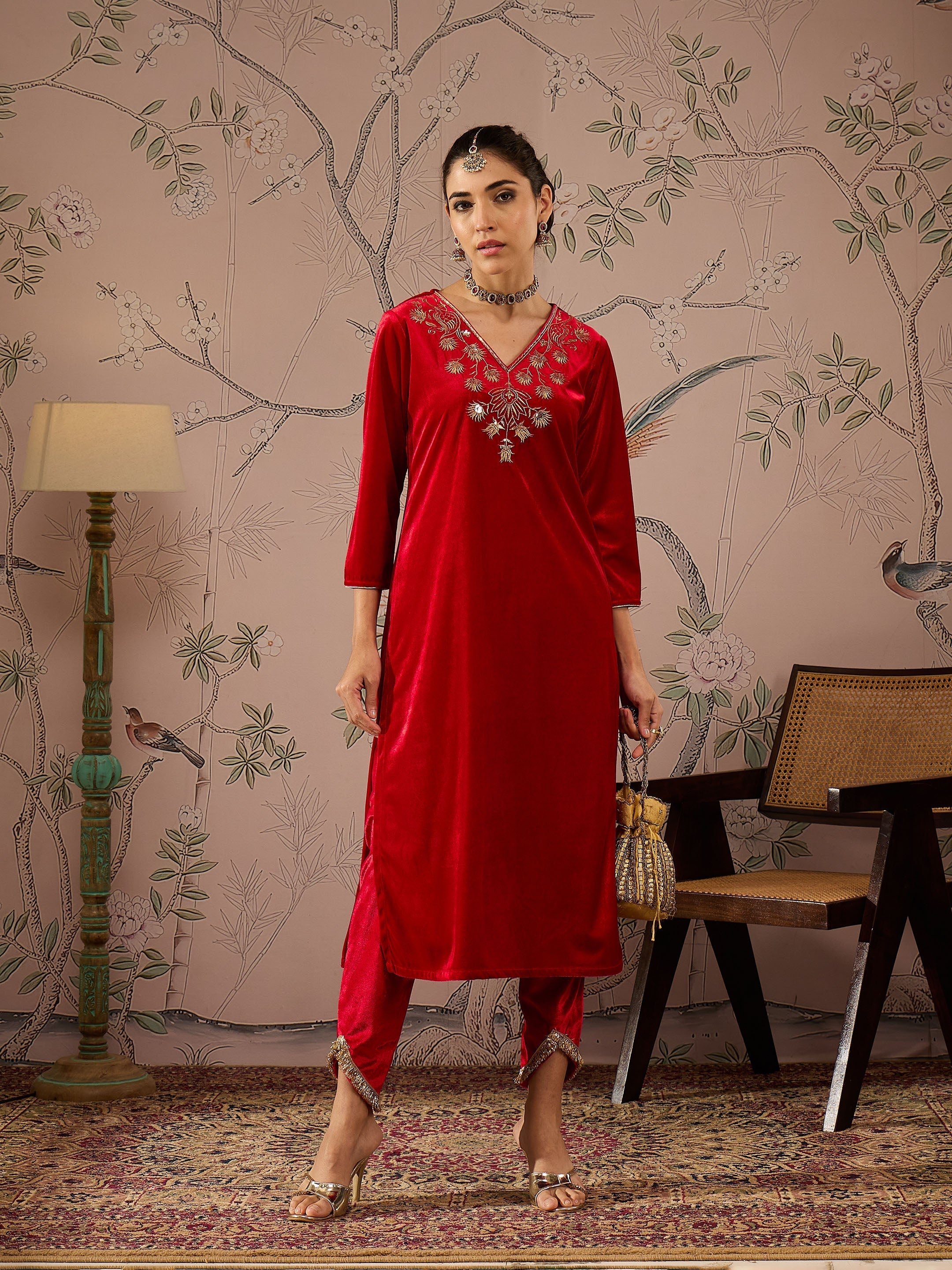 Women Red Velvet Tulip Pants