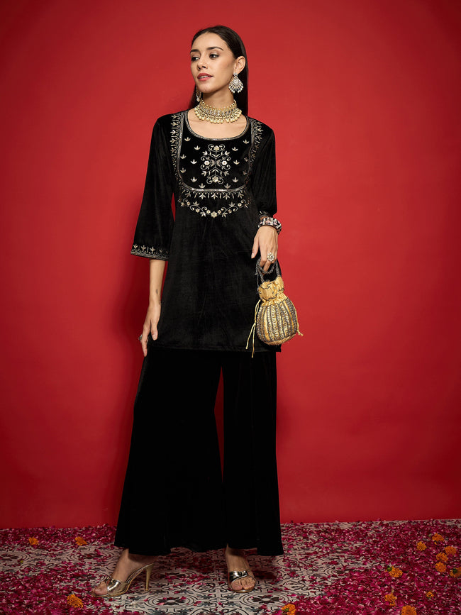 Women Black Velvet Flared Palazzos