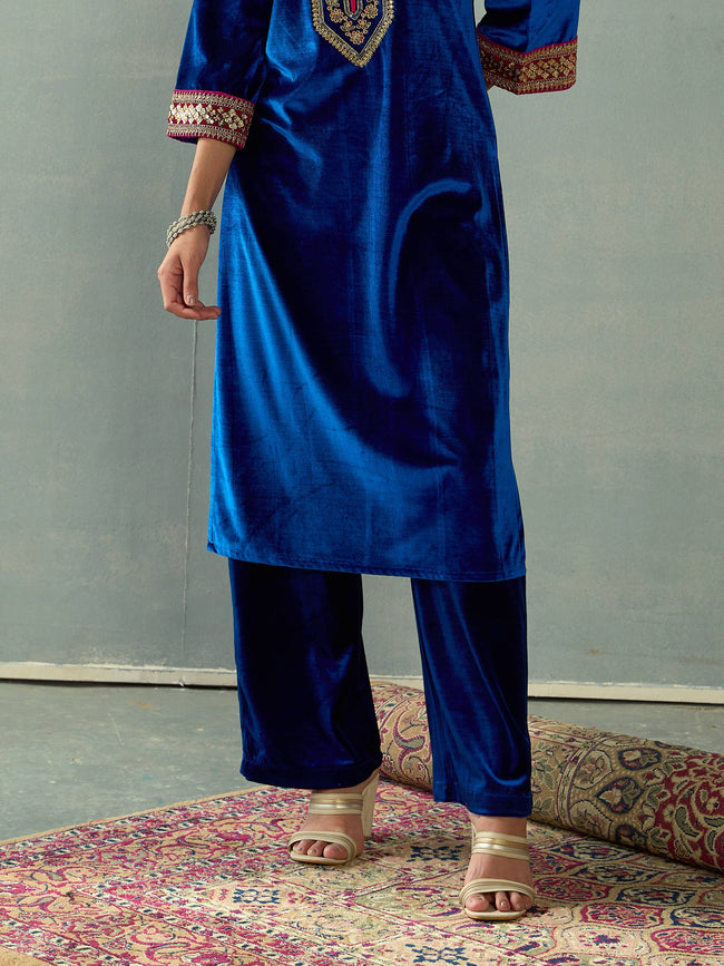 Women Royal Blue Velvet Elasticated Pants