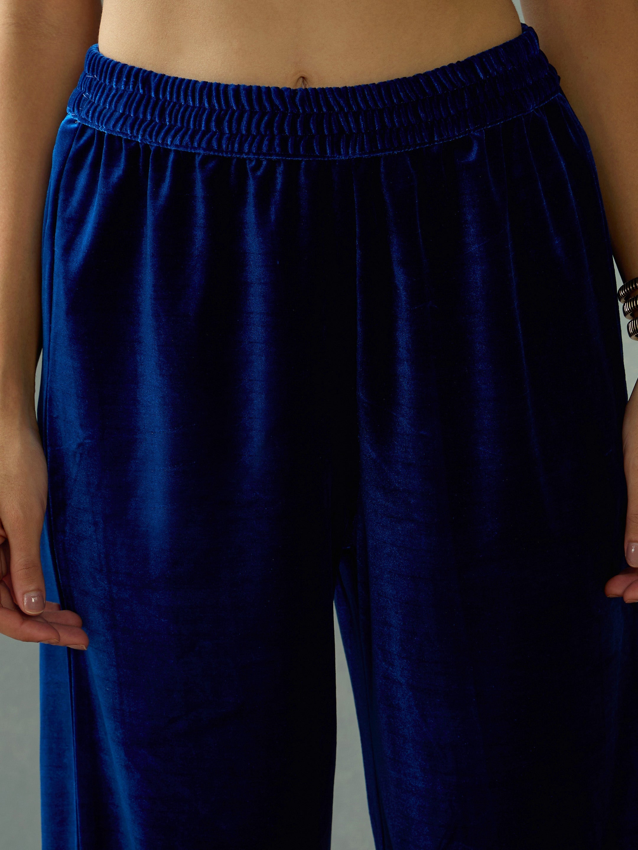 Women Royal Blue Velvet Elasticated Pants