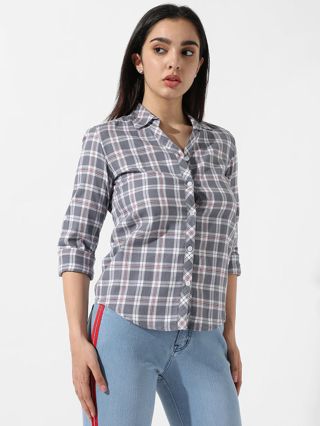Women Grey Tartan Plaid Shirt