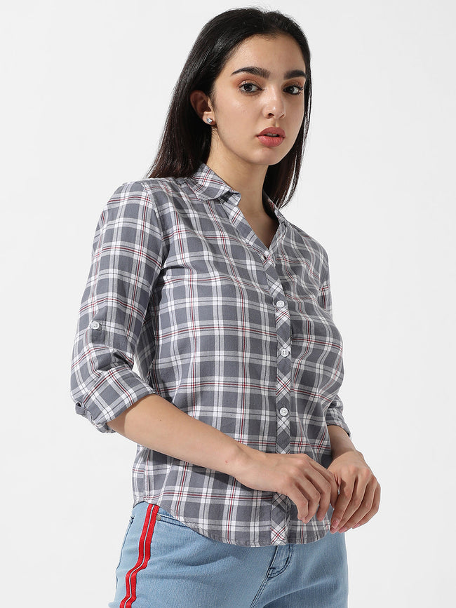 Women Grey Tartan Plaid Shirt