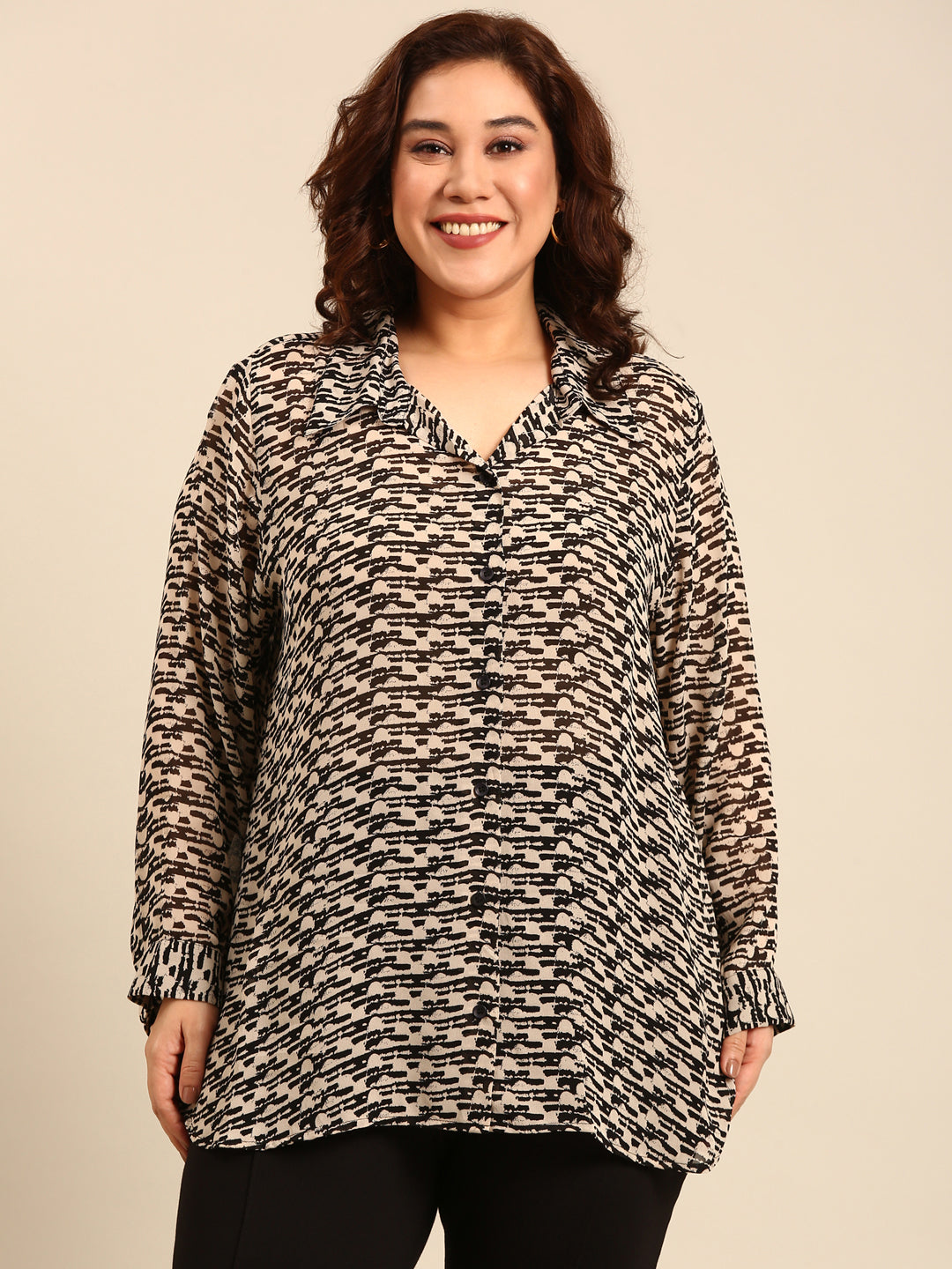 Women Black Beige Printed Shirt