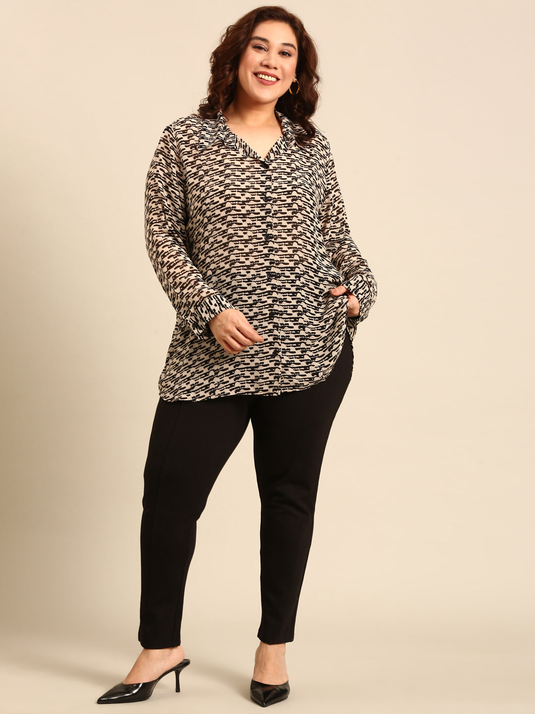 Women Black Beige Printed Shirt