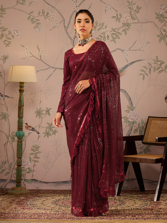 Women Maroon Sequins RTW Draped Saree With Unstitched Blouse