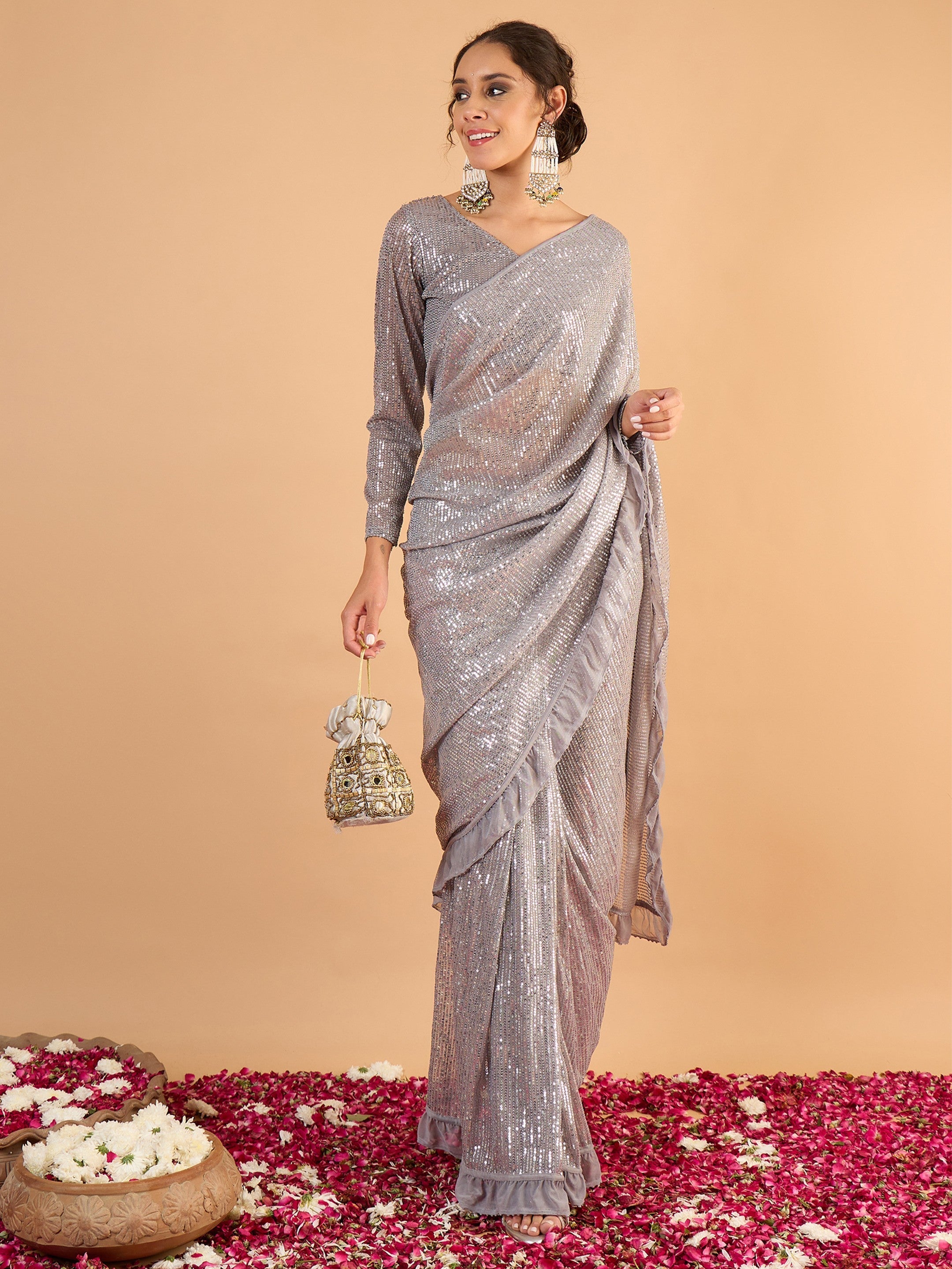 Women Grey Sequins RTW Draped Saree With Unstitched Blouse