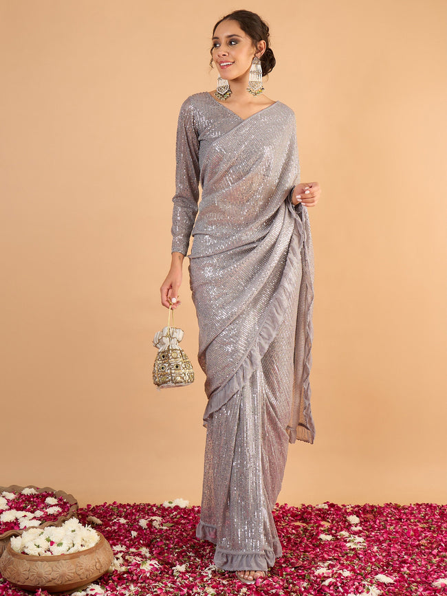 Women Grey Sequins RTW Draped Saree With Unstitched Blouse