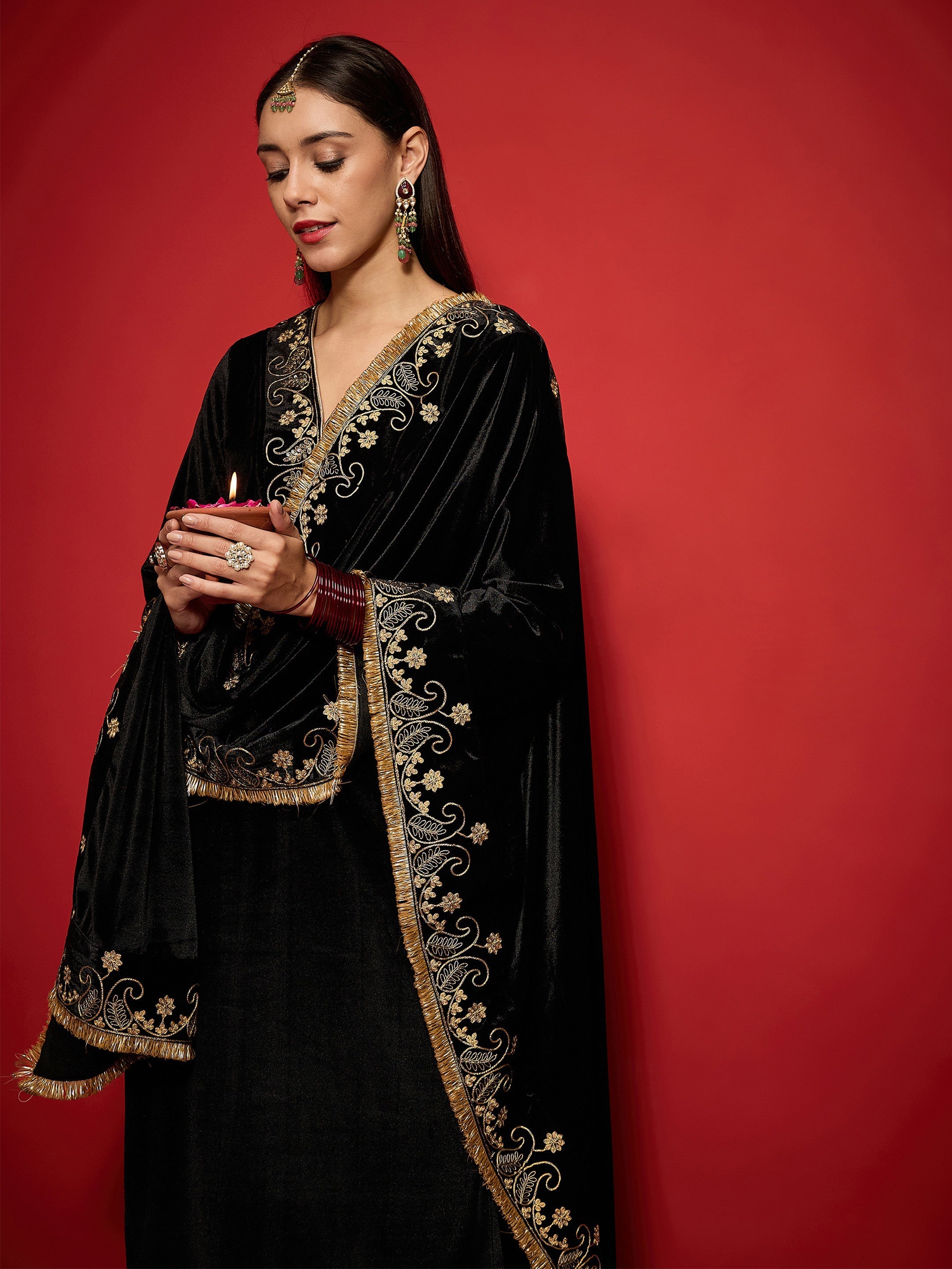 Women Black Velvet Embroidered Dushala