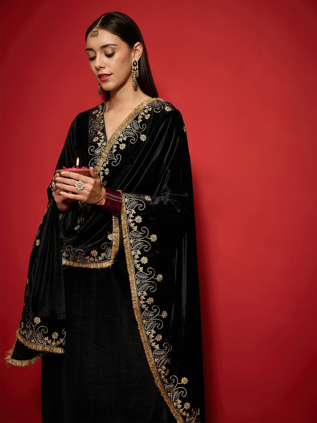 Women Black Velvet Embroidered Dushala