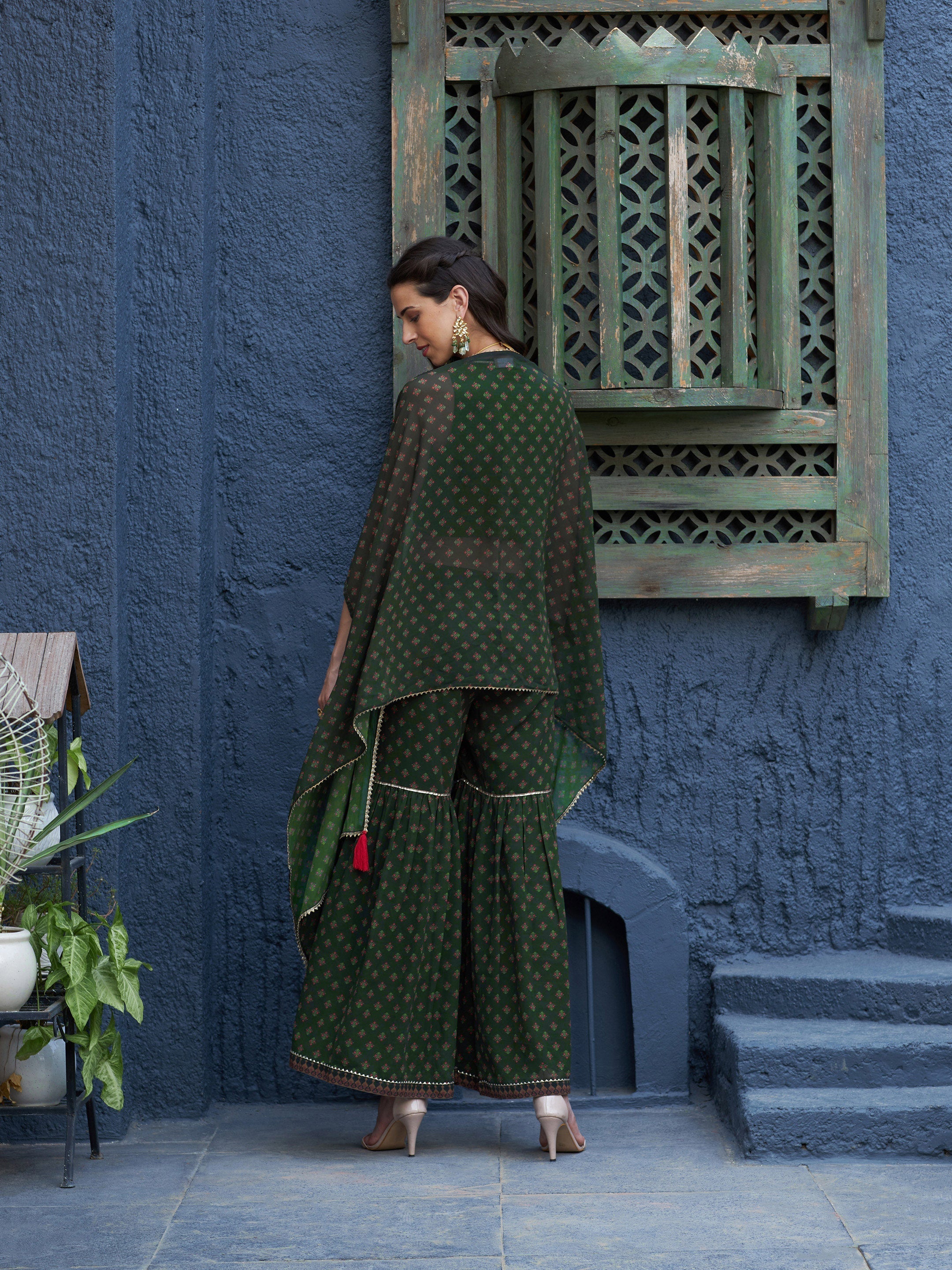 Women Green Floral Sharara with Cape and Solid Crop Top