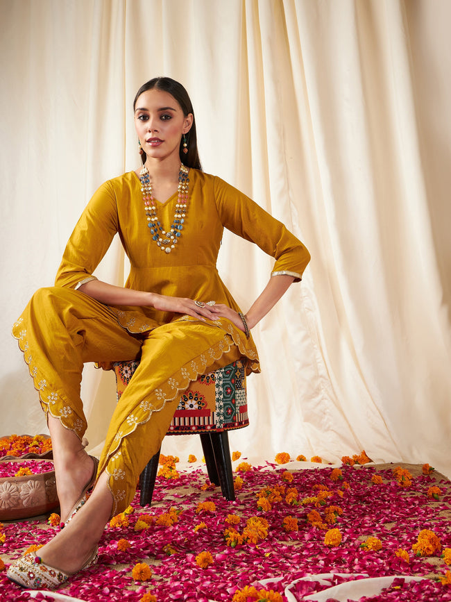 Women Mustard Zari Embroidered Peplum Top With Dhoti Pants