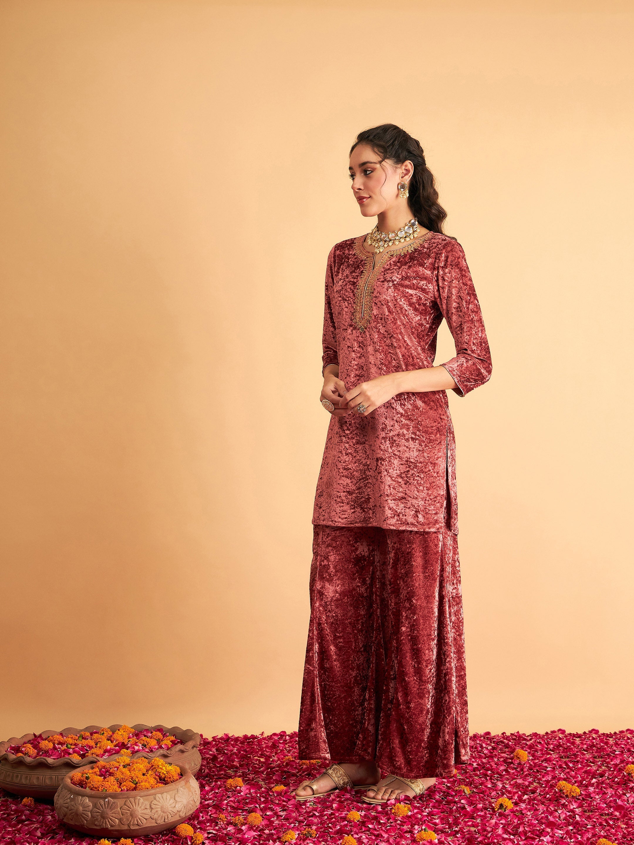 Women Pink Velvet Embroidered Short Kurta With Palazzos