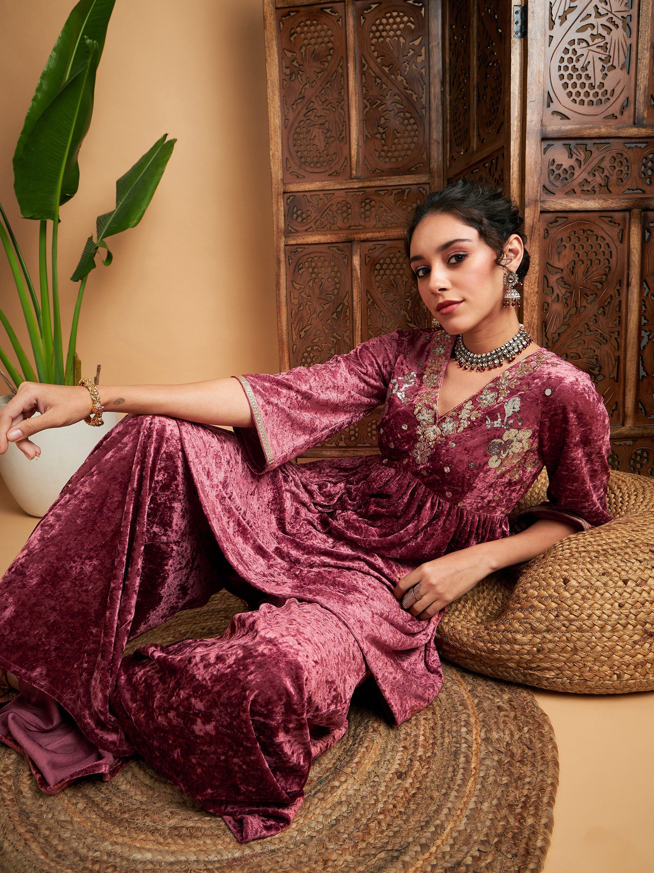 Women Pink Velvet Embroidered Top With Palazzos