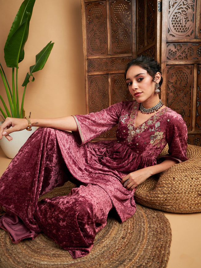 Women Pink Velvet Embroidered Top With Palazzos