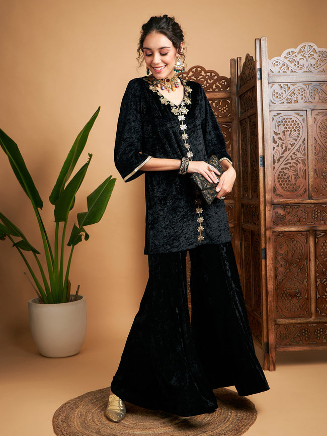 Women Black Velvet Embroidered Short Kurta With Palazzos