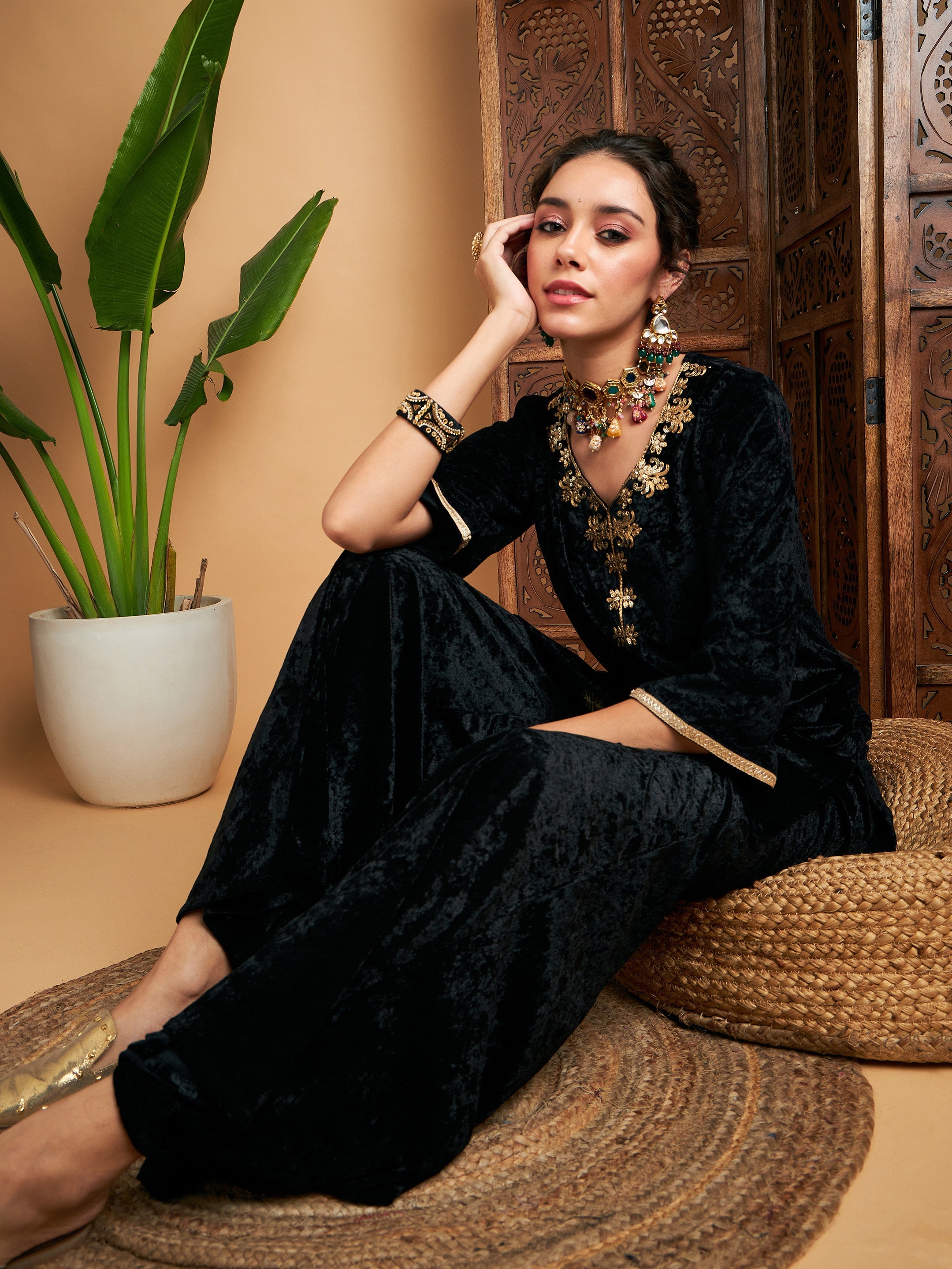 Women Black Velvet Embroidered Short Kurta With Palazzos