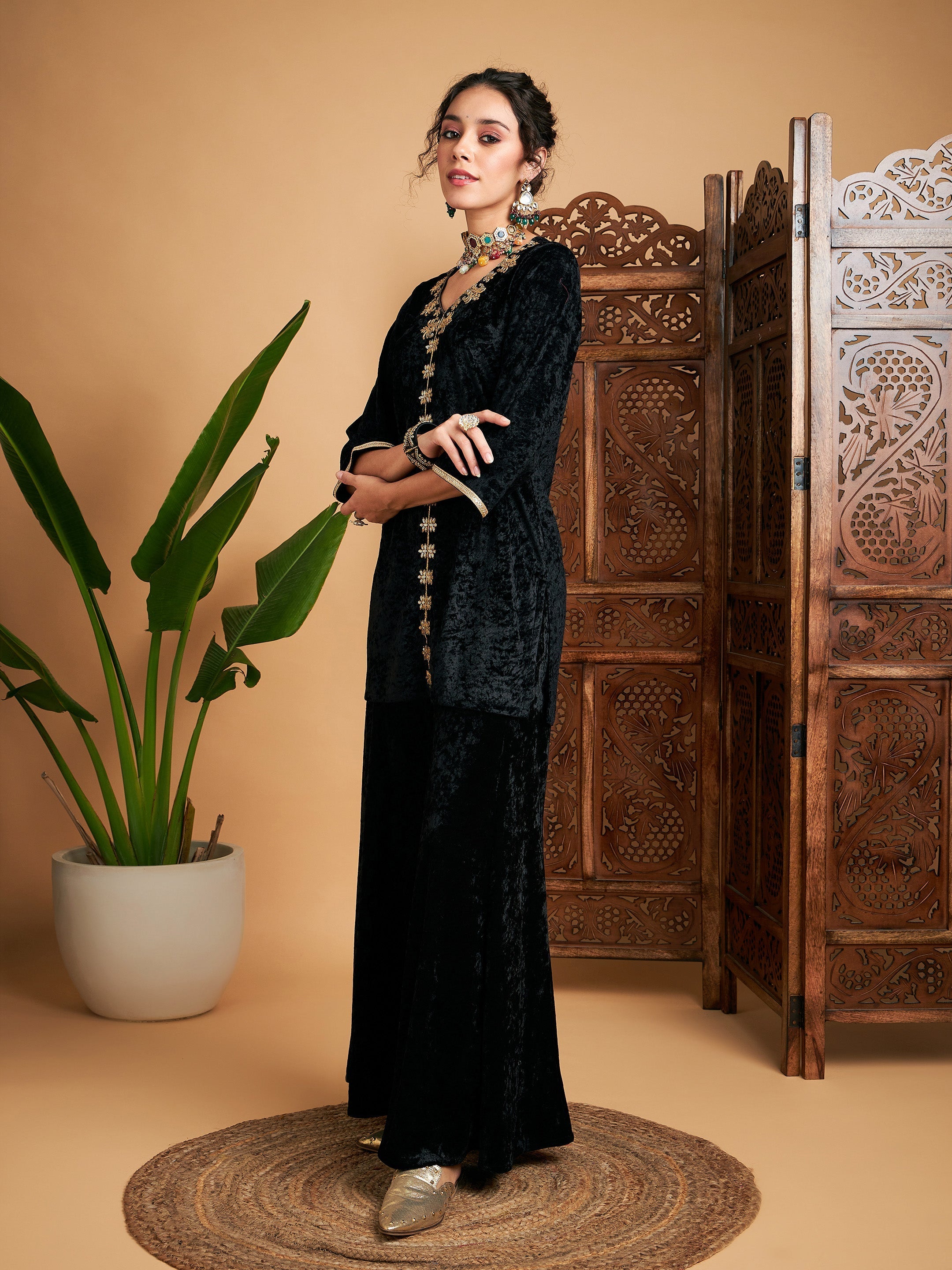 Women Black Velvet Embroidered Short Kurta With Palazzos
