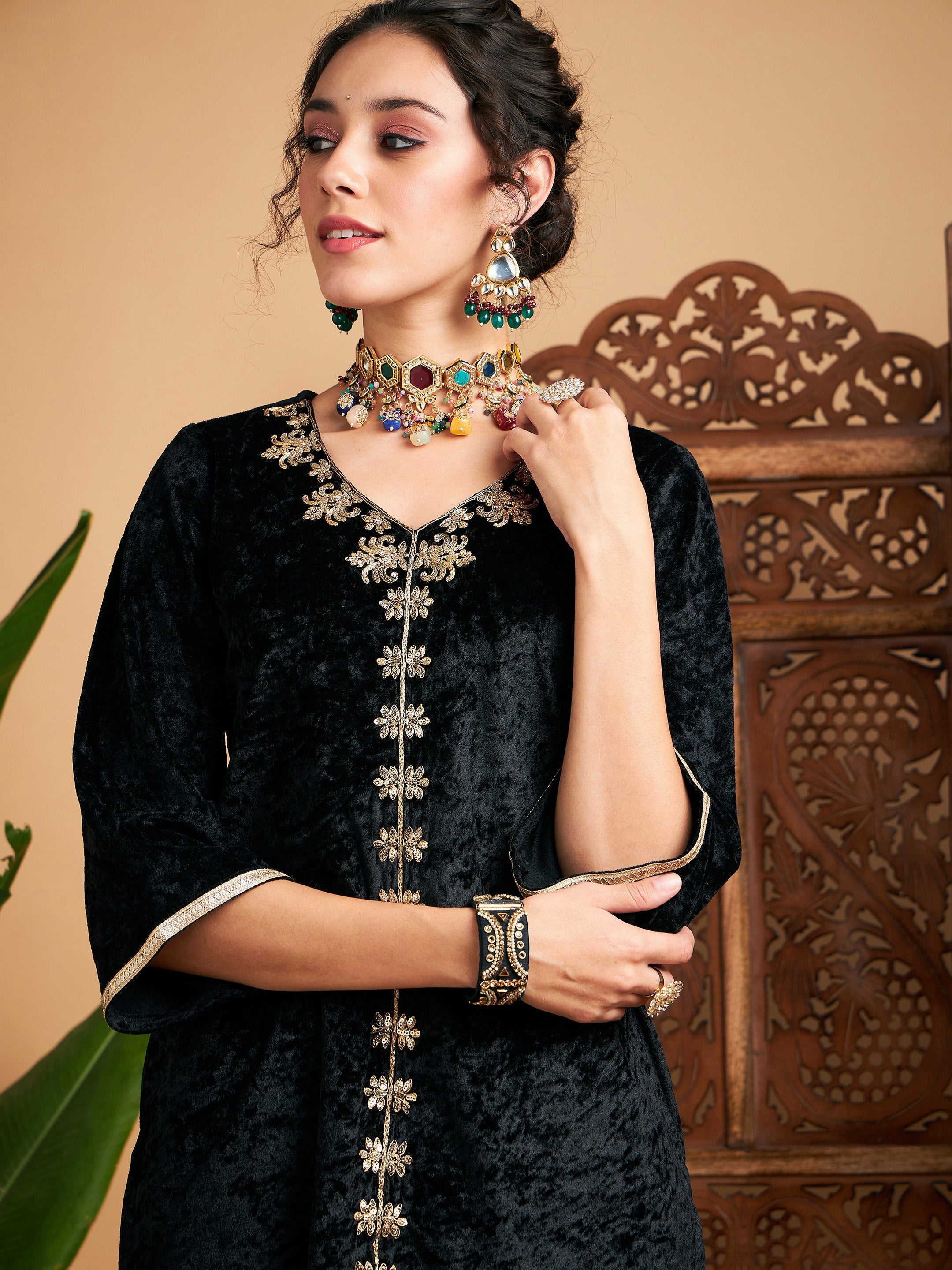 Women Black Velvet Embroidered Short Kurta With Palazzos