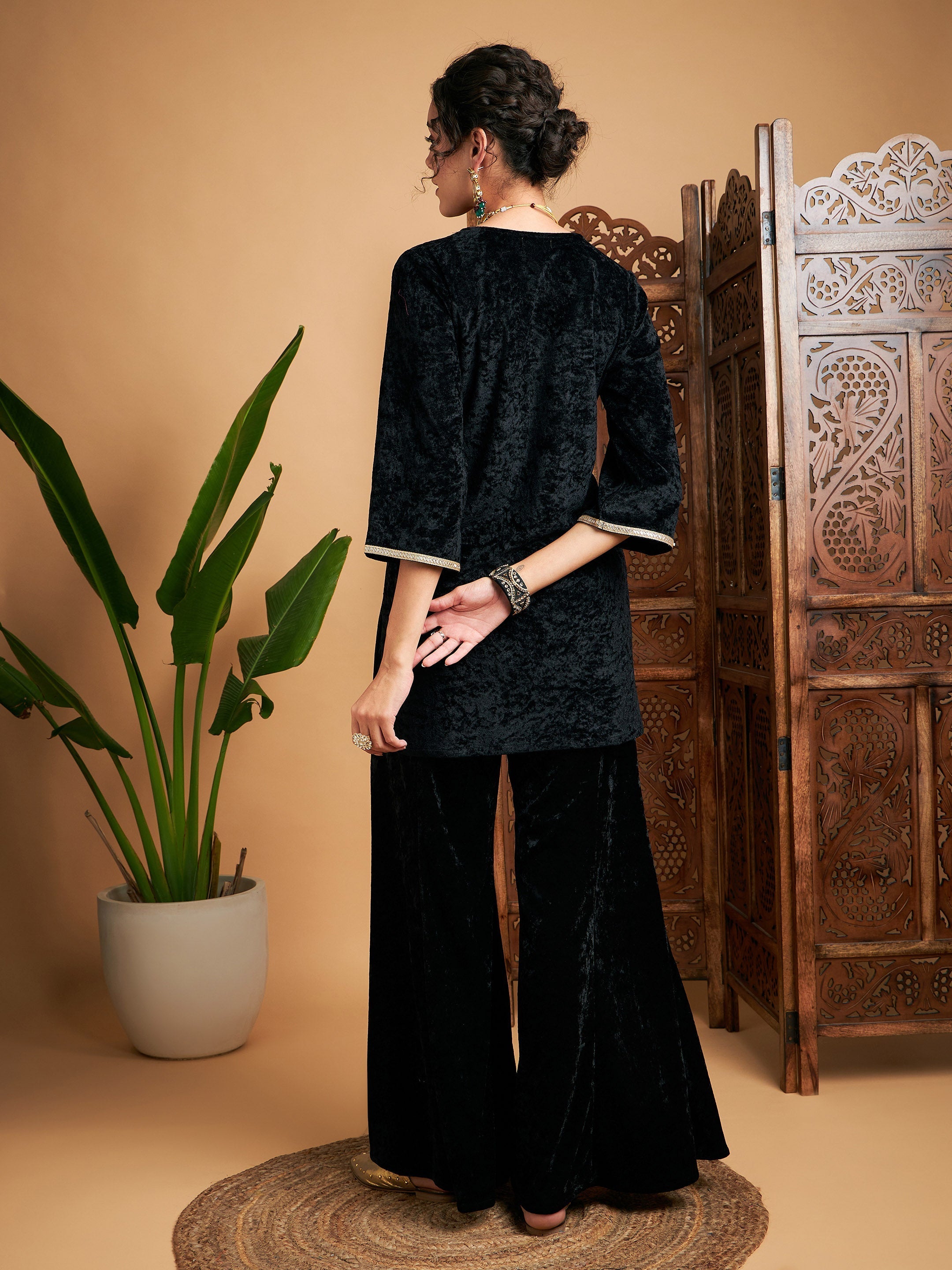 Women Black Velvet Embroidered Short Kurta With Palazzos