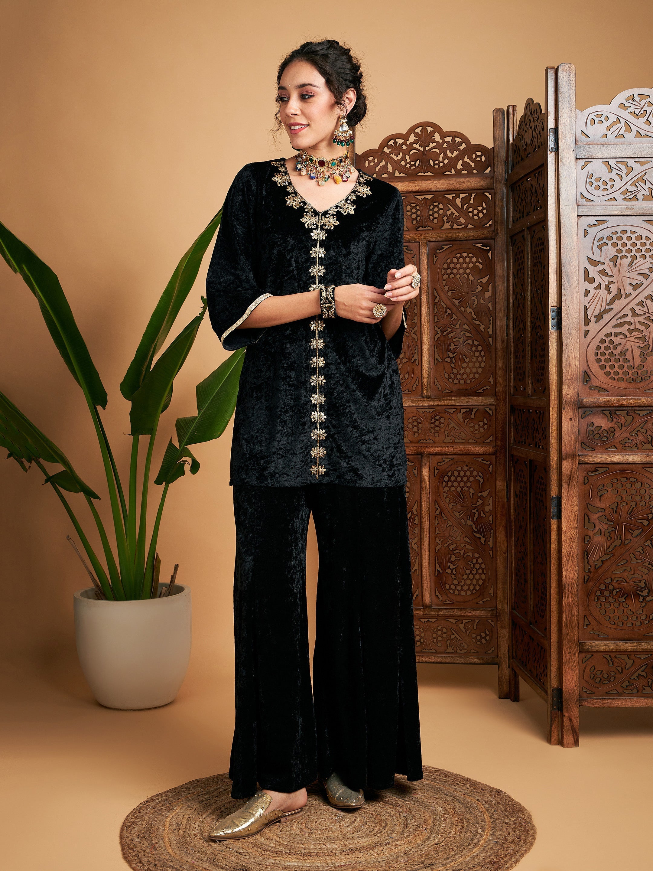 Women Black Velvet Embroidered Short Kurta With Palazzos