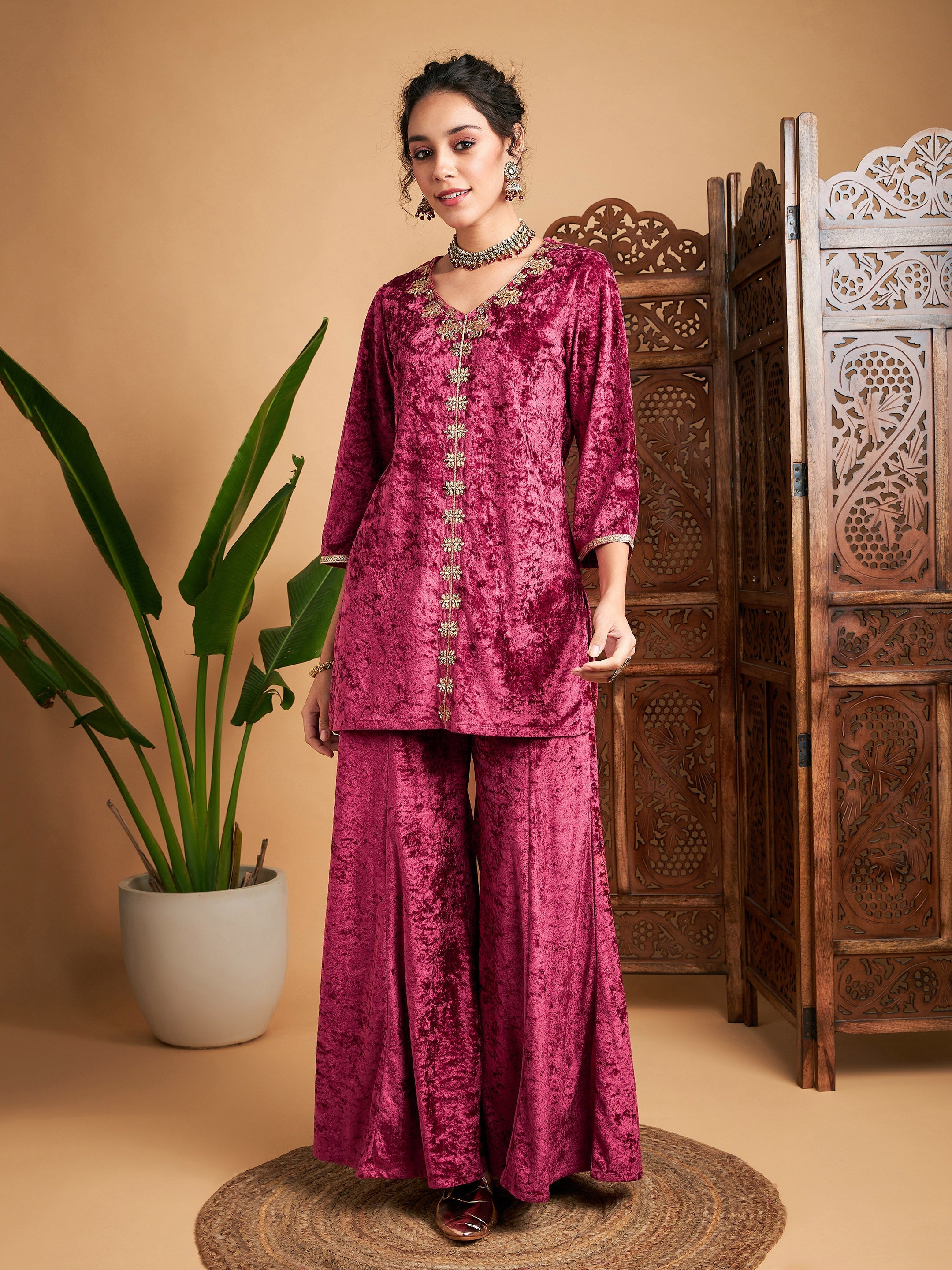 Women Pink Velvet Embroidered Short Kurta With Palazzos