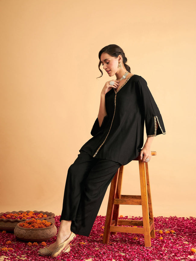 Women Black Embroidered A Line Top With Straight Pants
