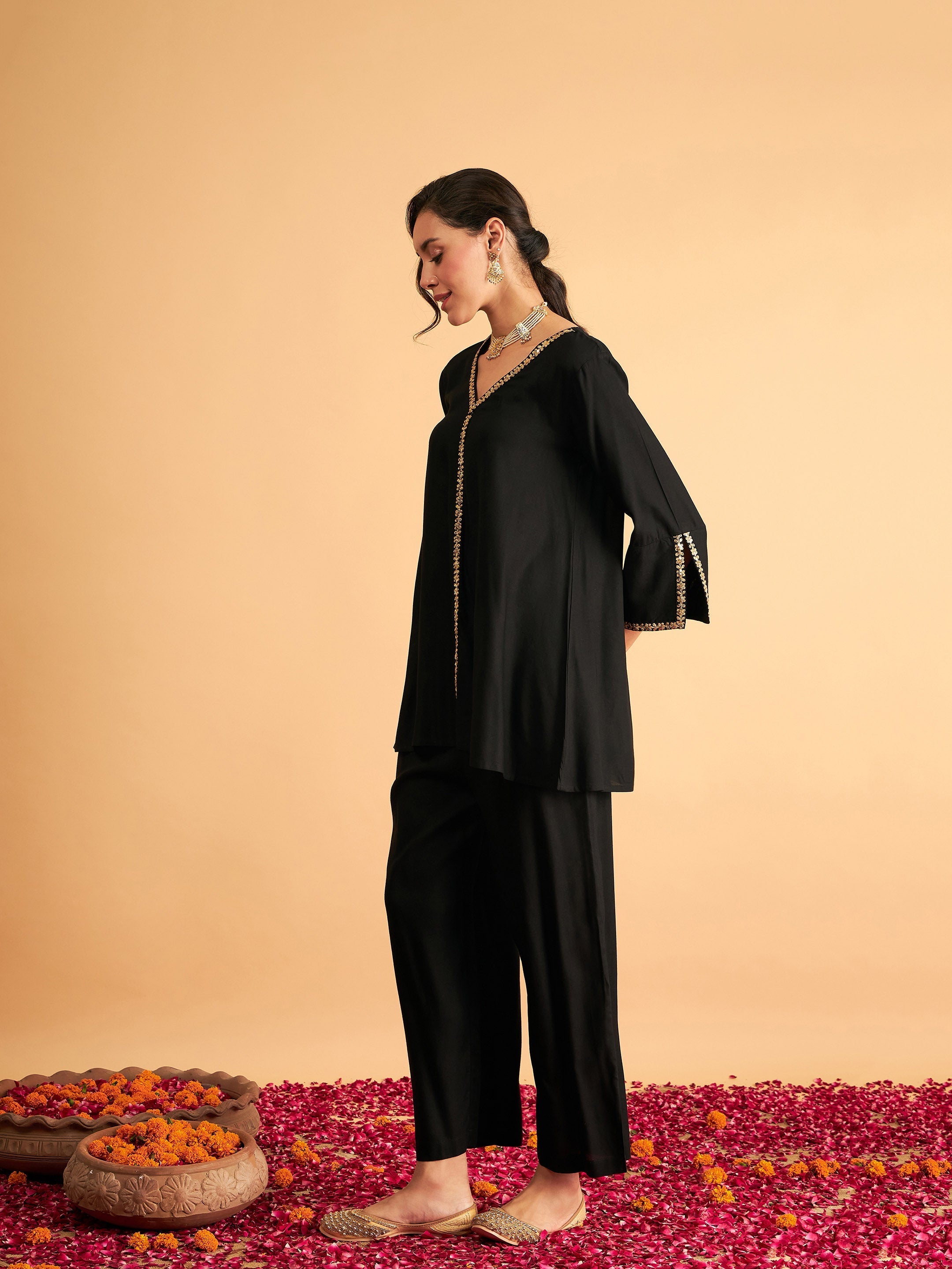 Women Black Embroidered A Line Top With Straight Pants
