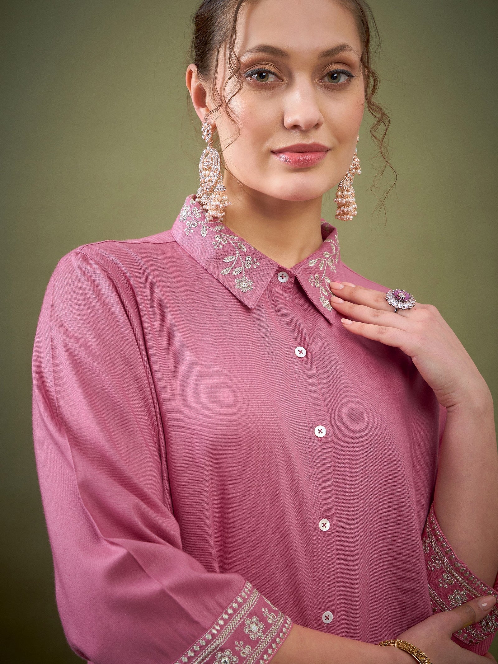 Pink Embroidered Shirt With Palazzos-Shae by SASSAFRAS