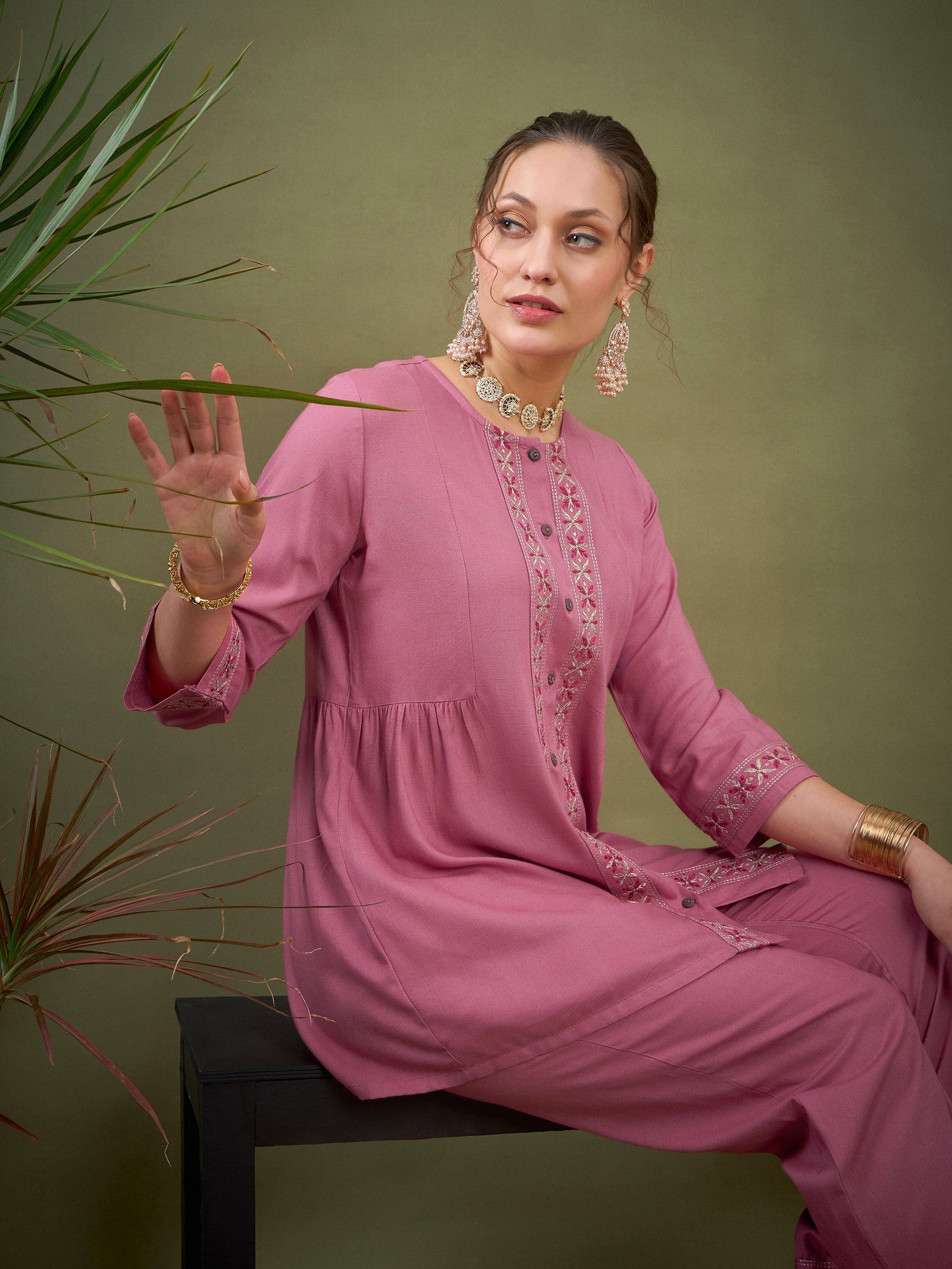 Pink Front Embroidered Shirt With Palazzos -Shae by SASSAFRAS