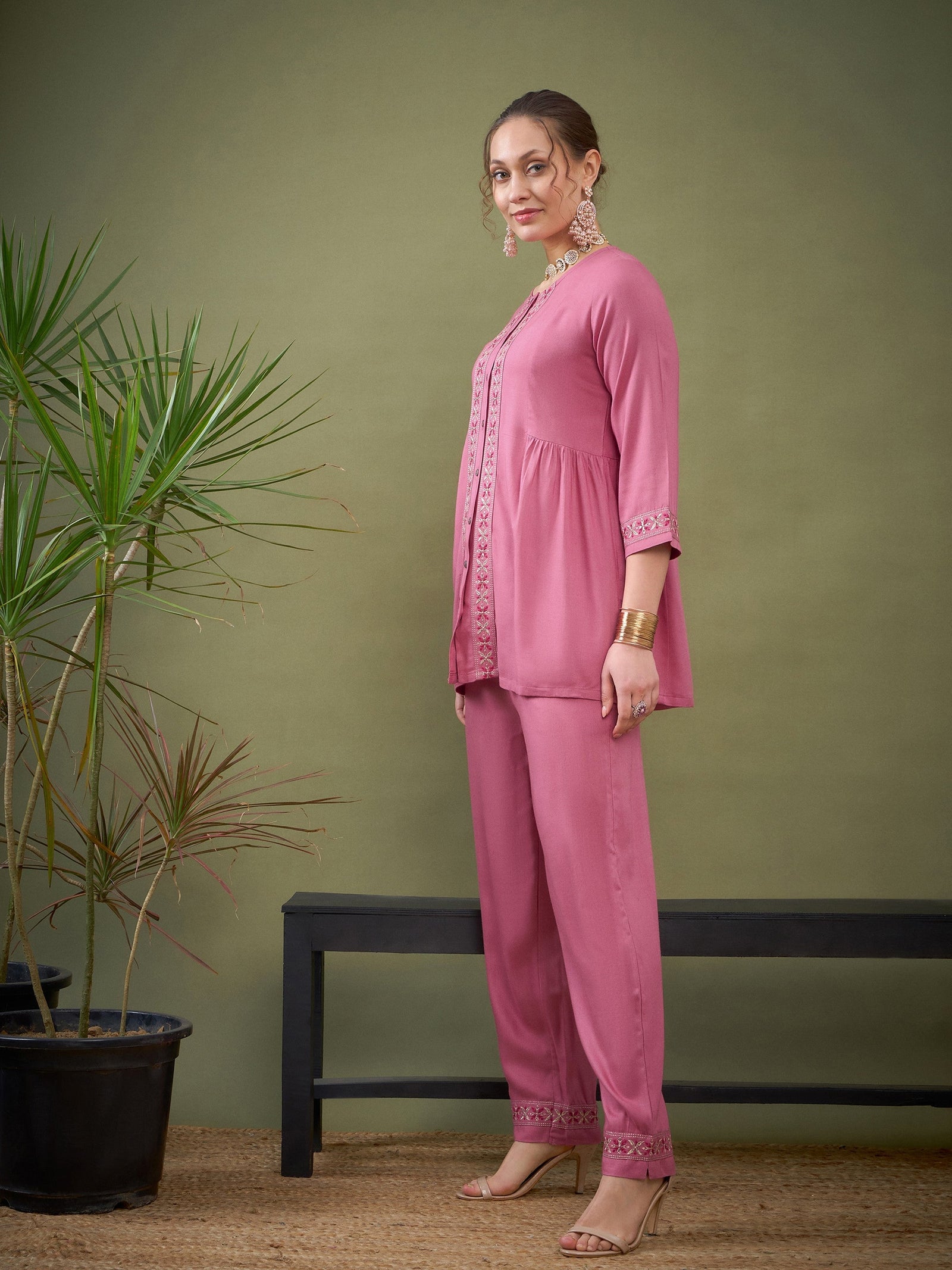 Pink Front Embroidered Shirt With Palazzos -Shae by SASSAFRAS