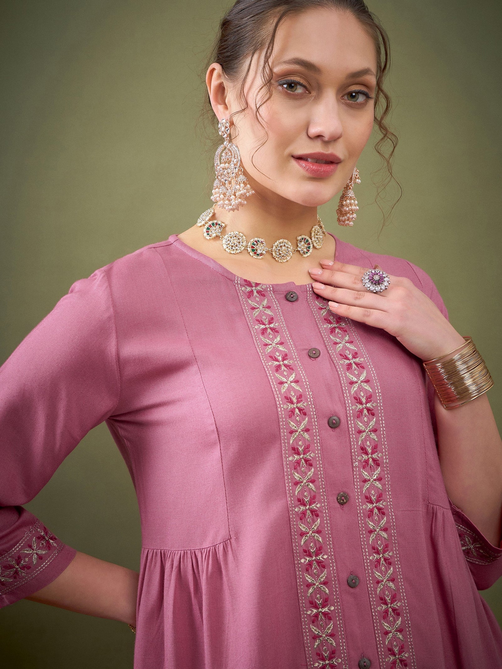 Pink Front Embroidered Shirt With Palazzos -Shae by SASSAFRAS