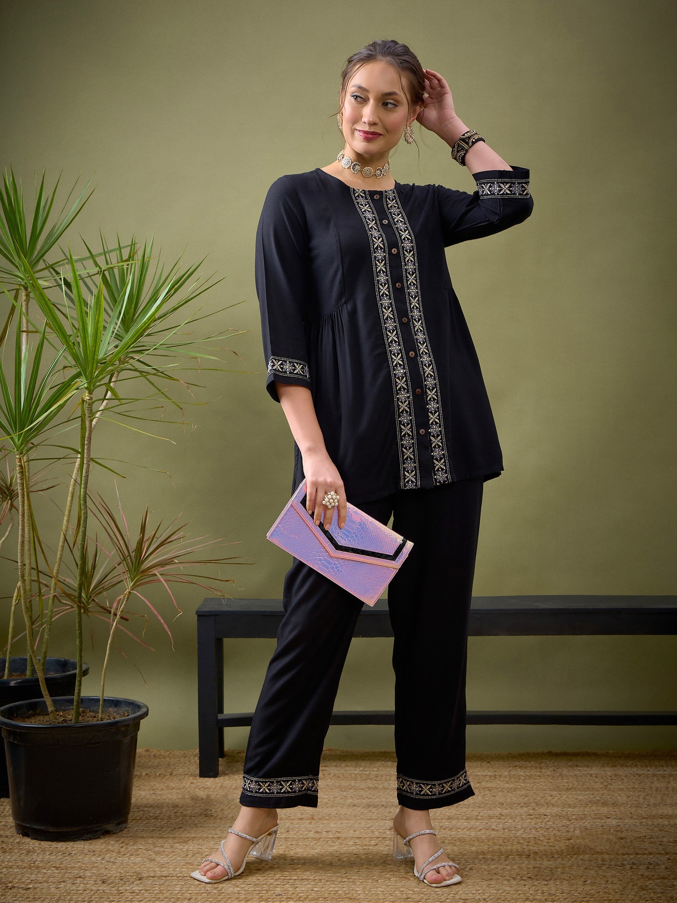 Black Front Embroidered Shirt With Palazzos -Shae by SASSAFRAS