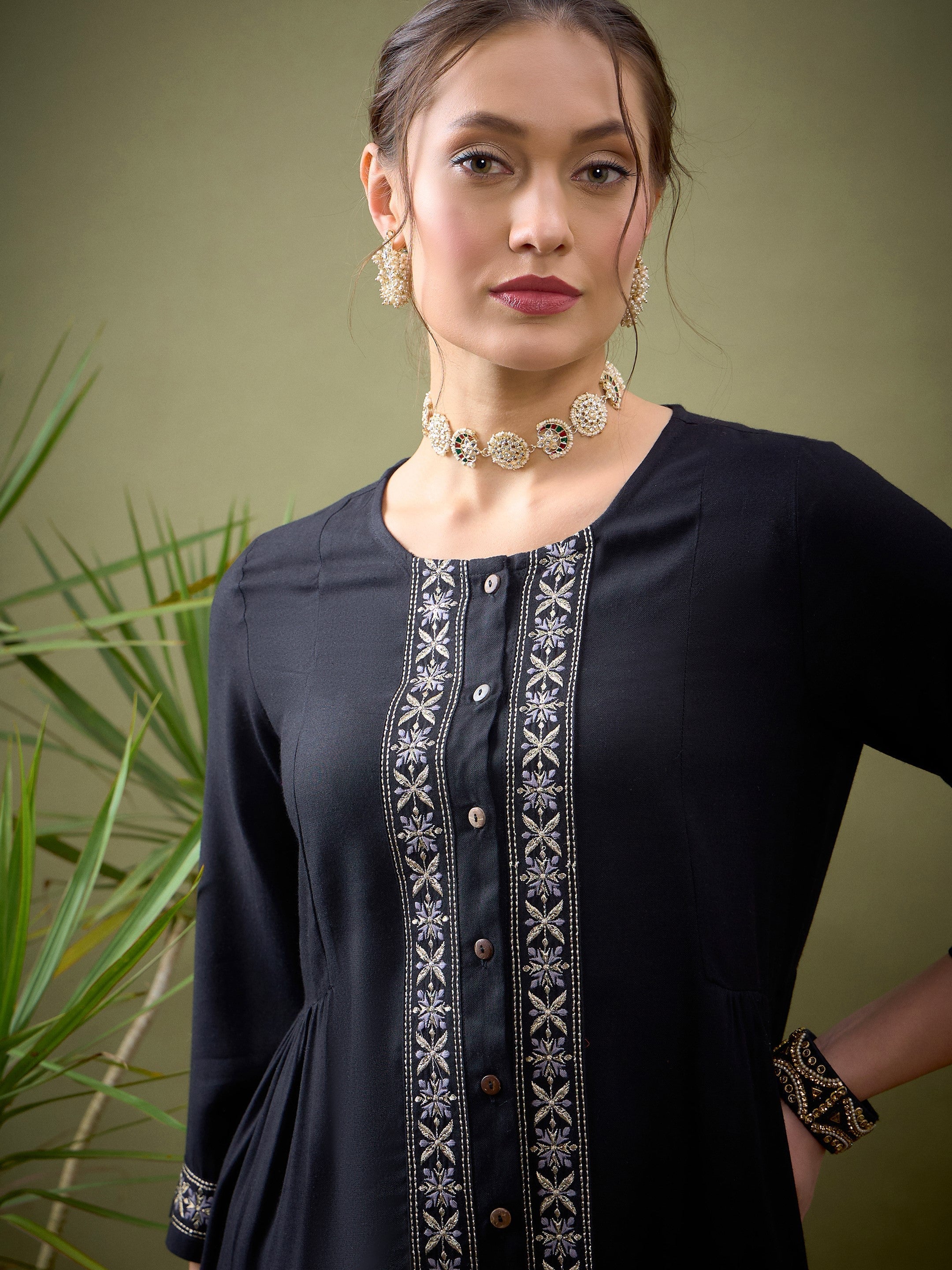 Black Front Embroidered Shirt With Palazzos -Shae by SASSAFRAS