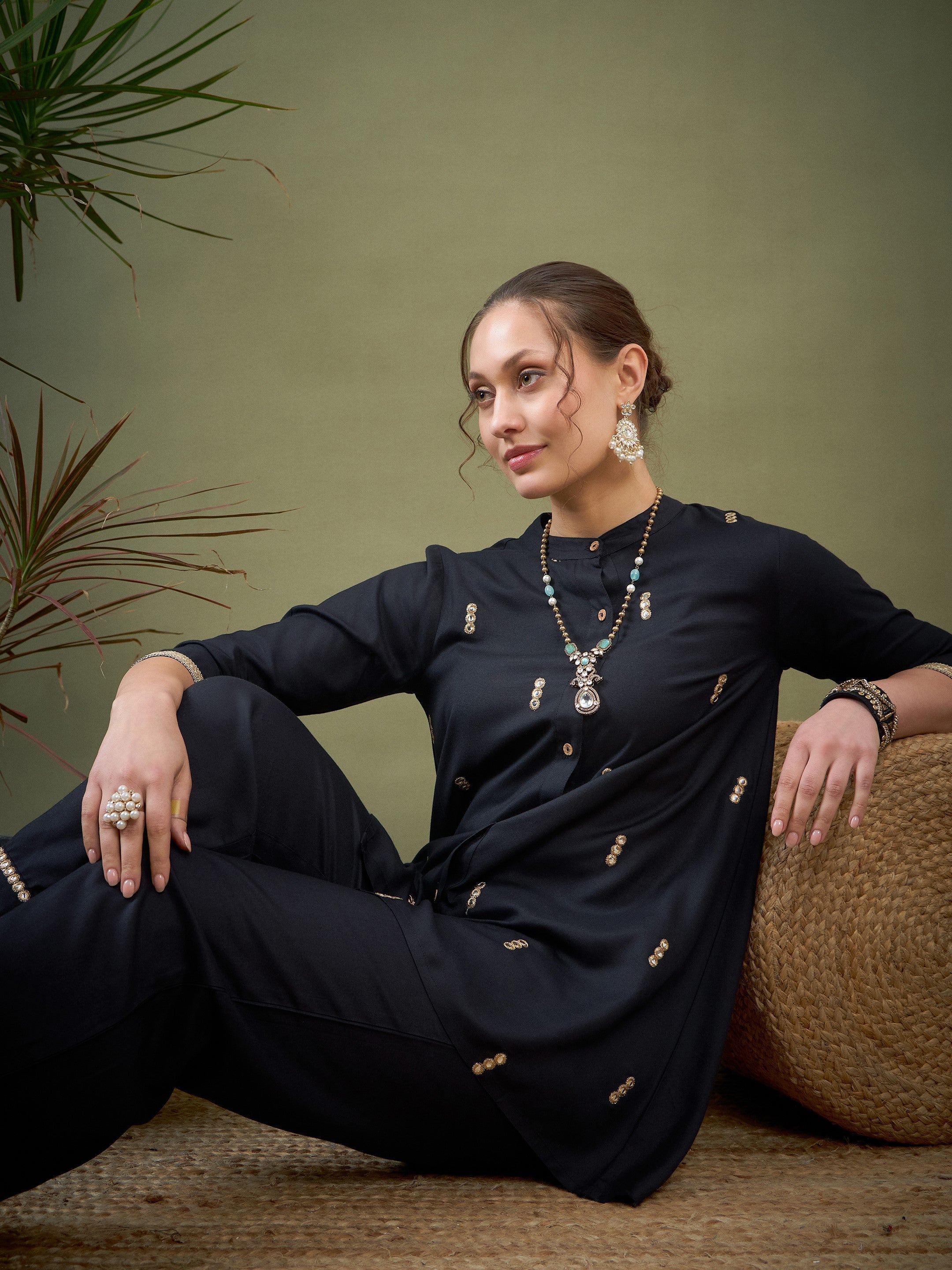 Black Rayon Mirror Embroidered Shirt With Palazzos-Shae by SASSAFRAS