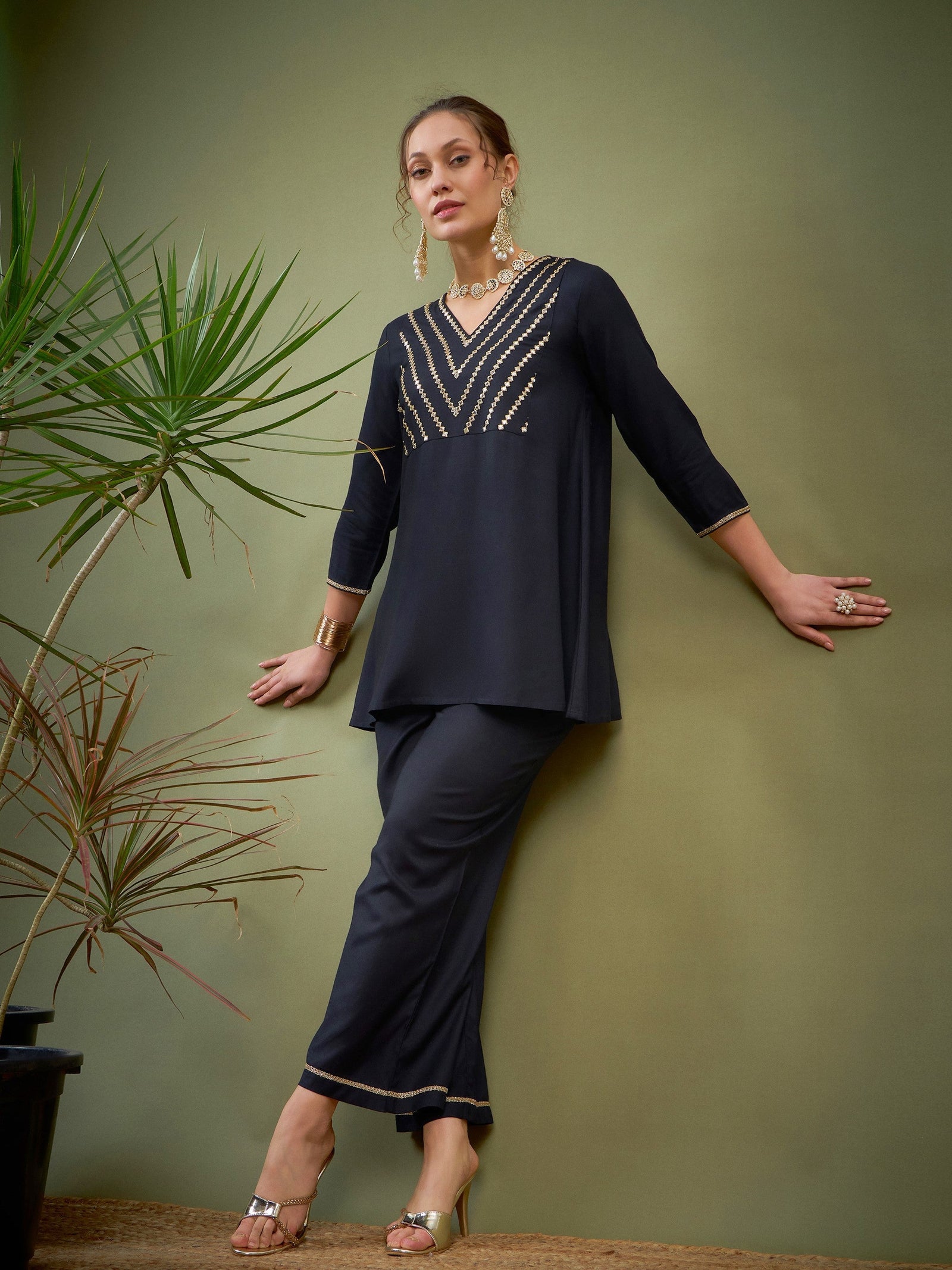 Black Embroidered A Line Top With Palazzos-Shae by SASSAFRAS