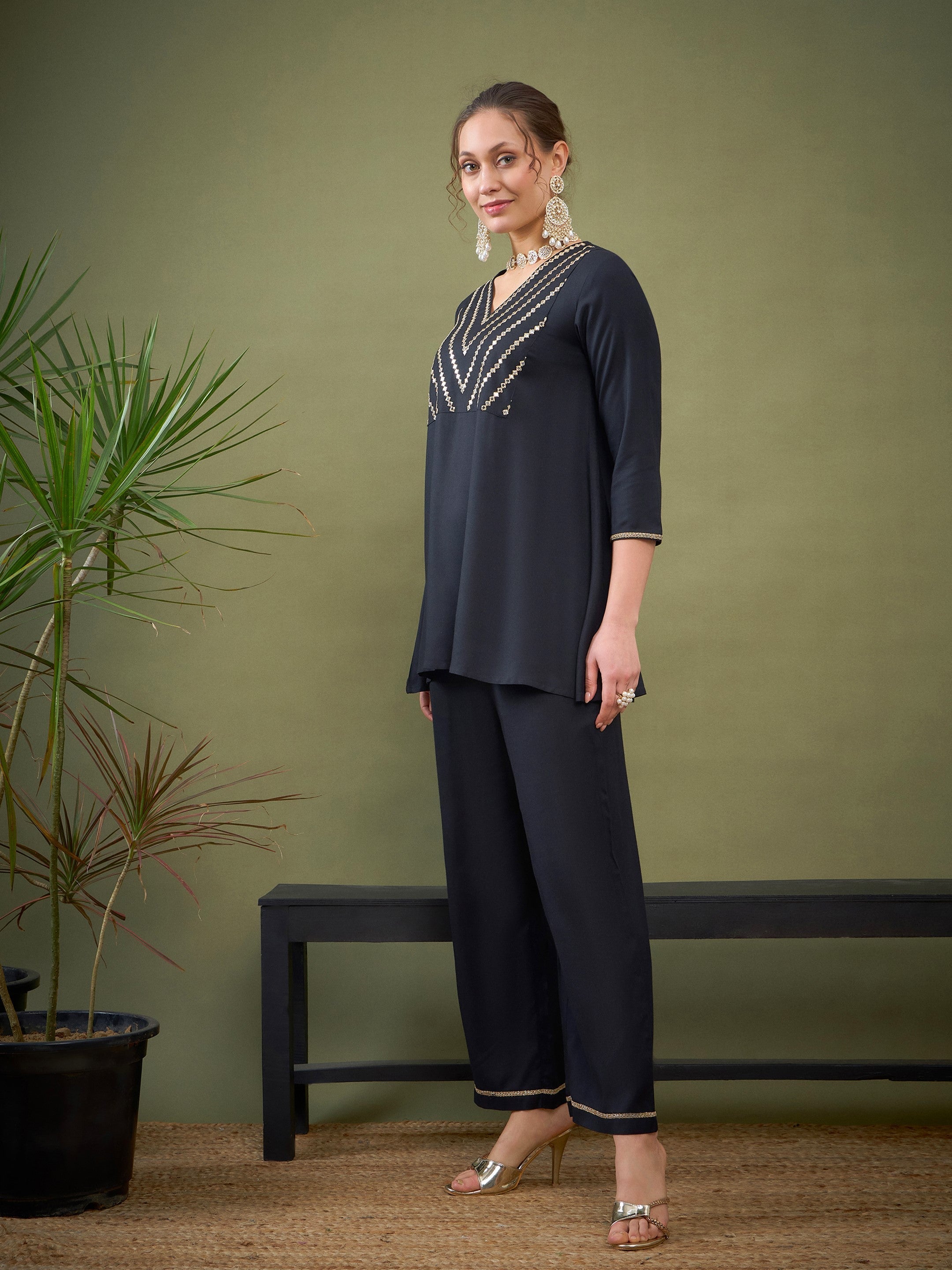 Black Embroidered A Line Top With Palazzos-Shae by SASSAFRAS