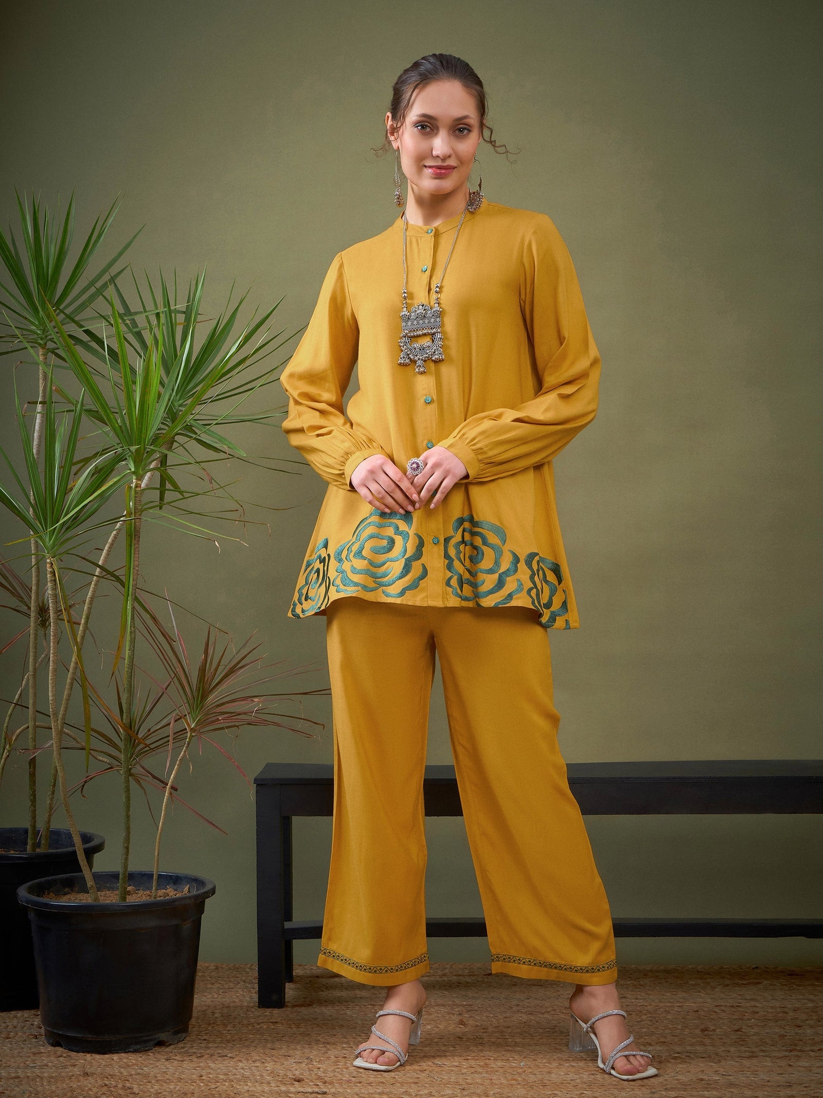 Mustard Hem Embroidered Shirt With Palazzos-Shae by SASSAFRAS