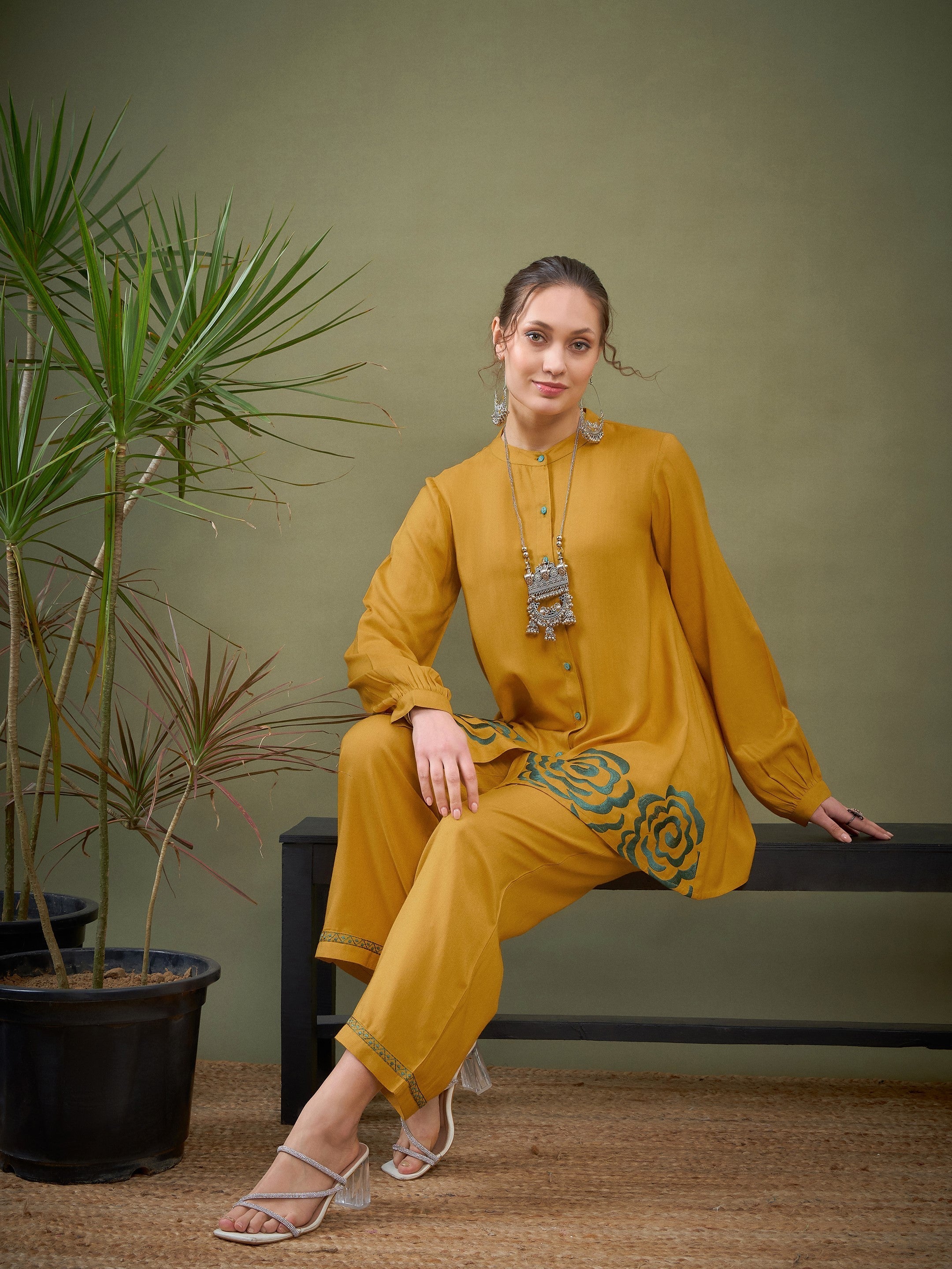 Mustard Hem Embroidered Shirt With Palazzos-Shae by SASSAFRAS