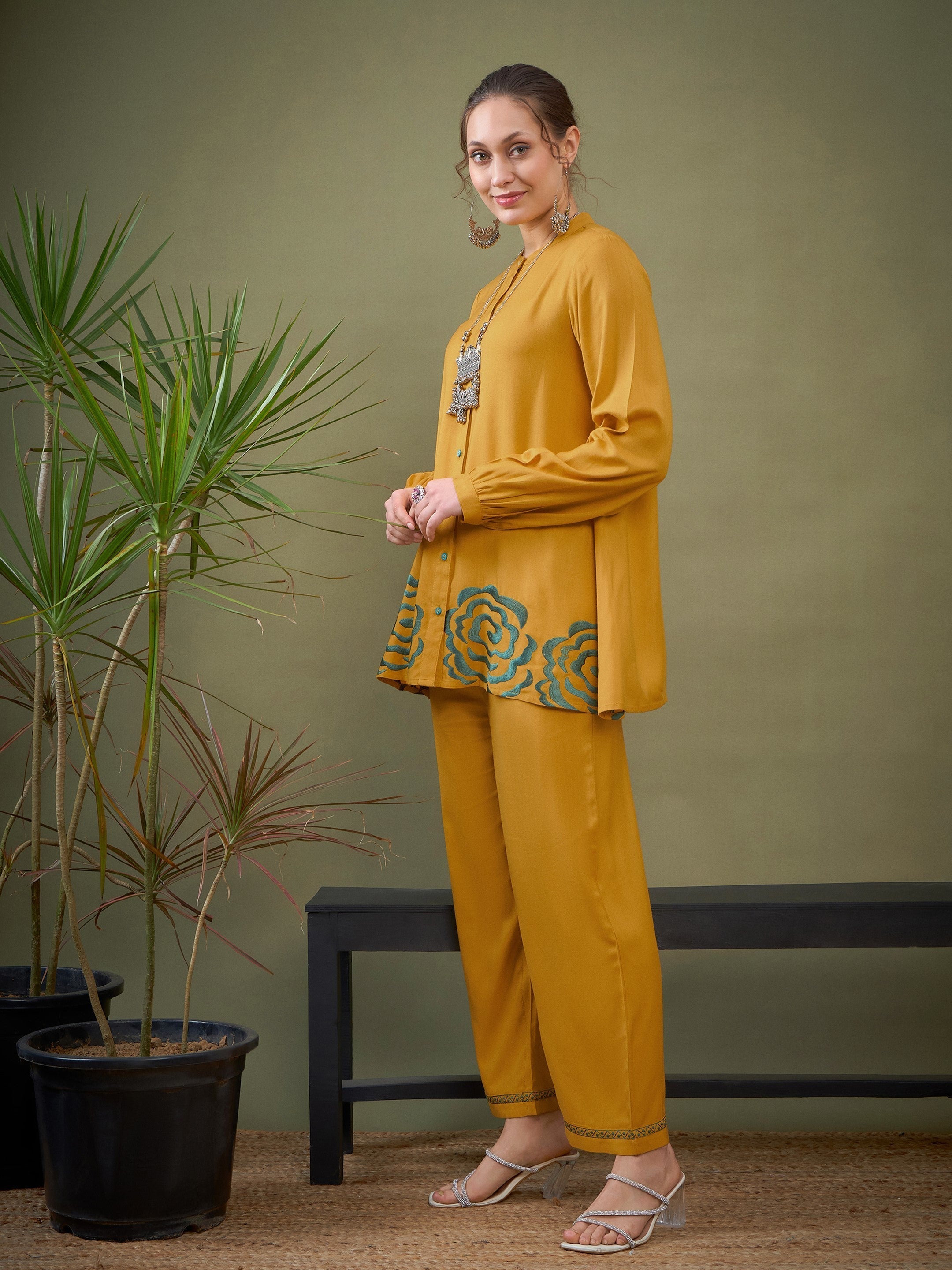 Mustard Hem Embroidered Shirt With Palazzos-Shae by SASSAFRAS