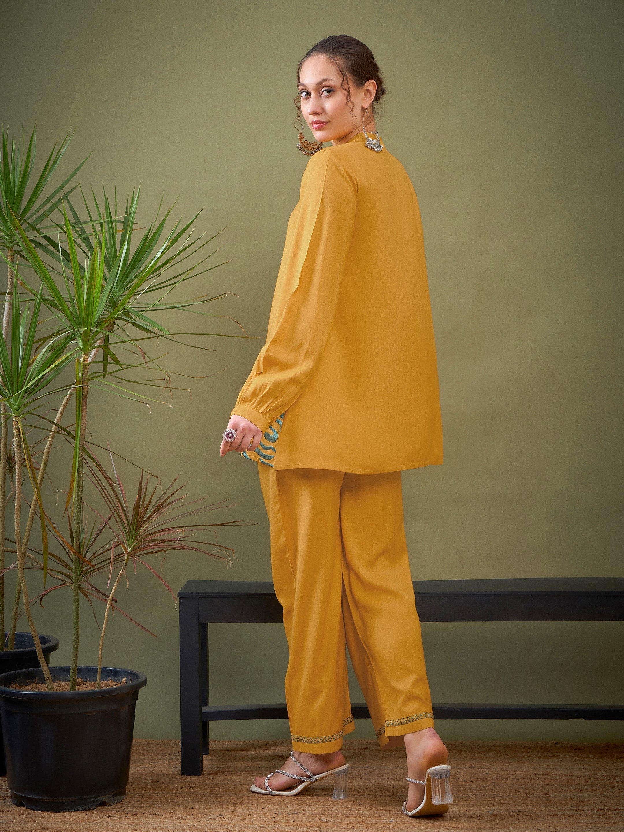 Mustard Hem Embroidered Shirt With Palazzos-Shae by SASSAFRAS