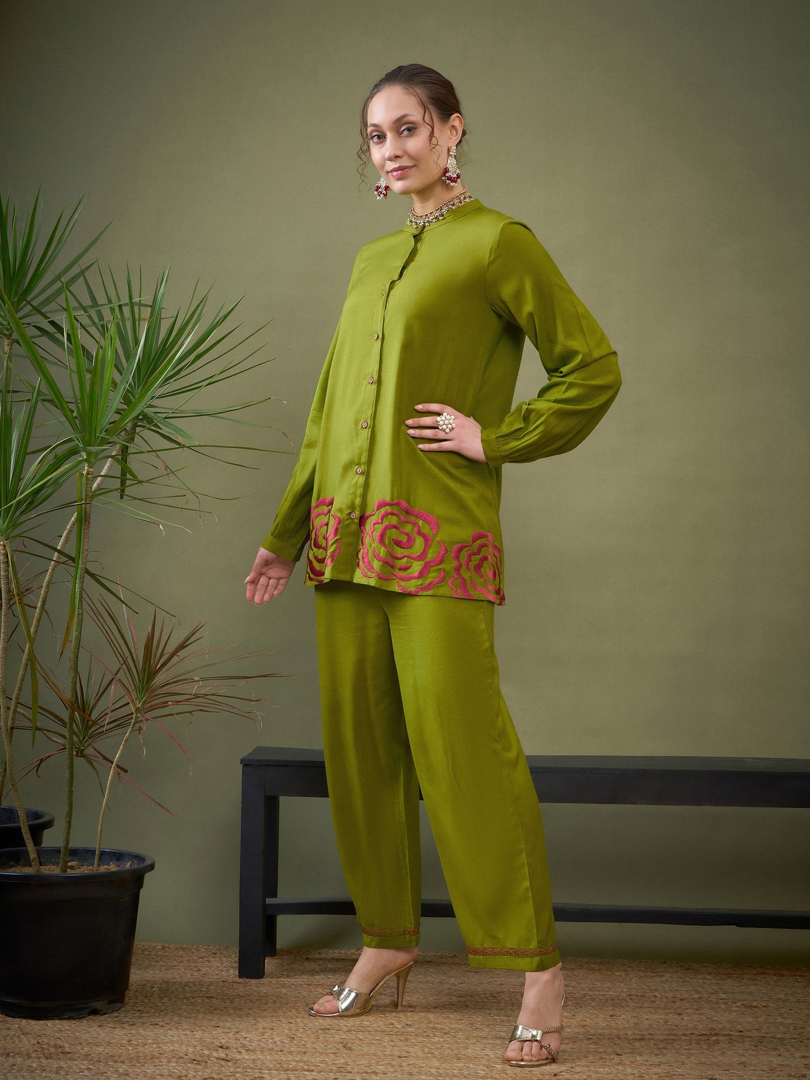 Green Hem Embroidered Shirt With Palazzos-Shae by SASSAFRAS