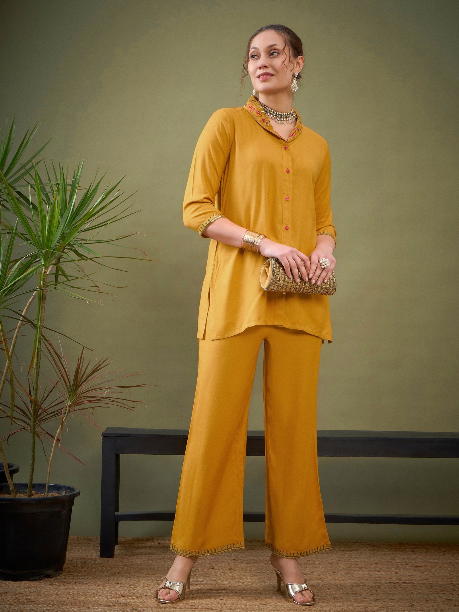 Mustard Shawl Collar Embroidered Shirt With Palazzos-Shae by SASSAFRAS