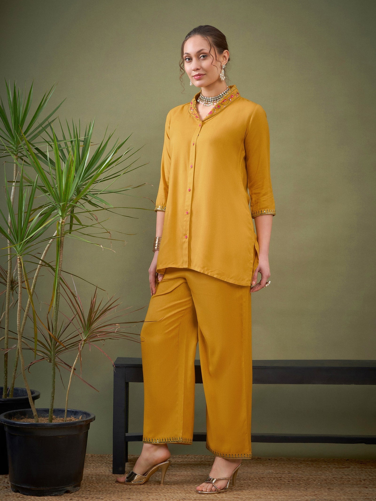 Mustard Shawl Collar Embroidered Shirt With Palazzos-Shae by SASSAFRAS