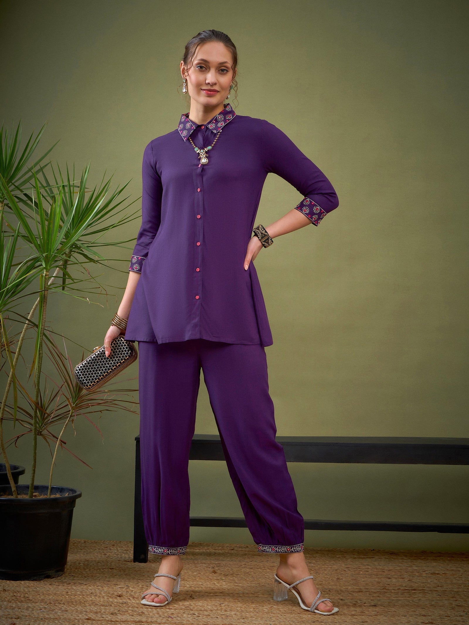 Dark Purple Sleeves & Collar Embroidered Shirt With Cuff Pants-Shae by SASSAFRAS