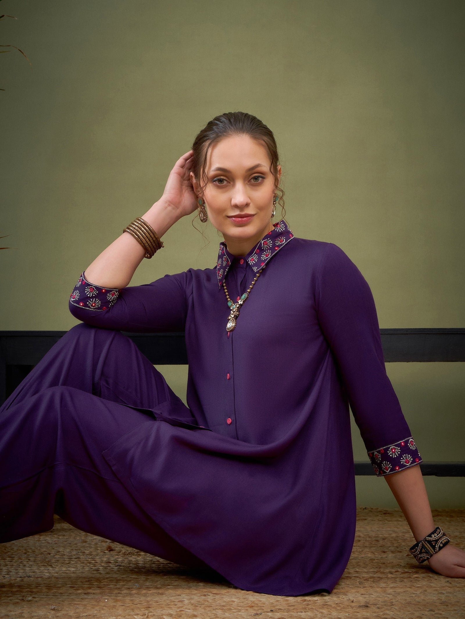 Dark Purple Sleeves & Collar Embroidered Shirt With Cuff Pants-Shae by SASSAFRAS