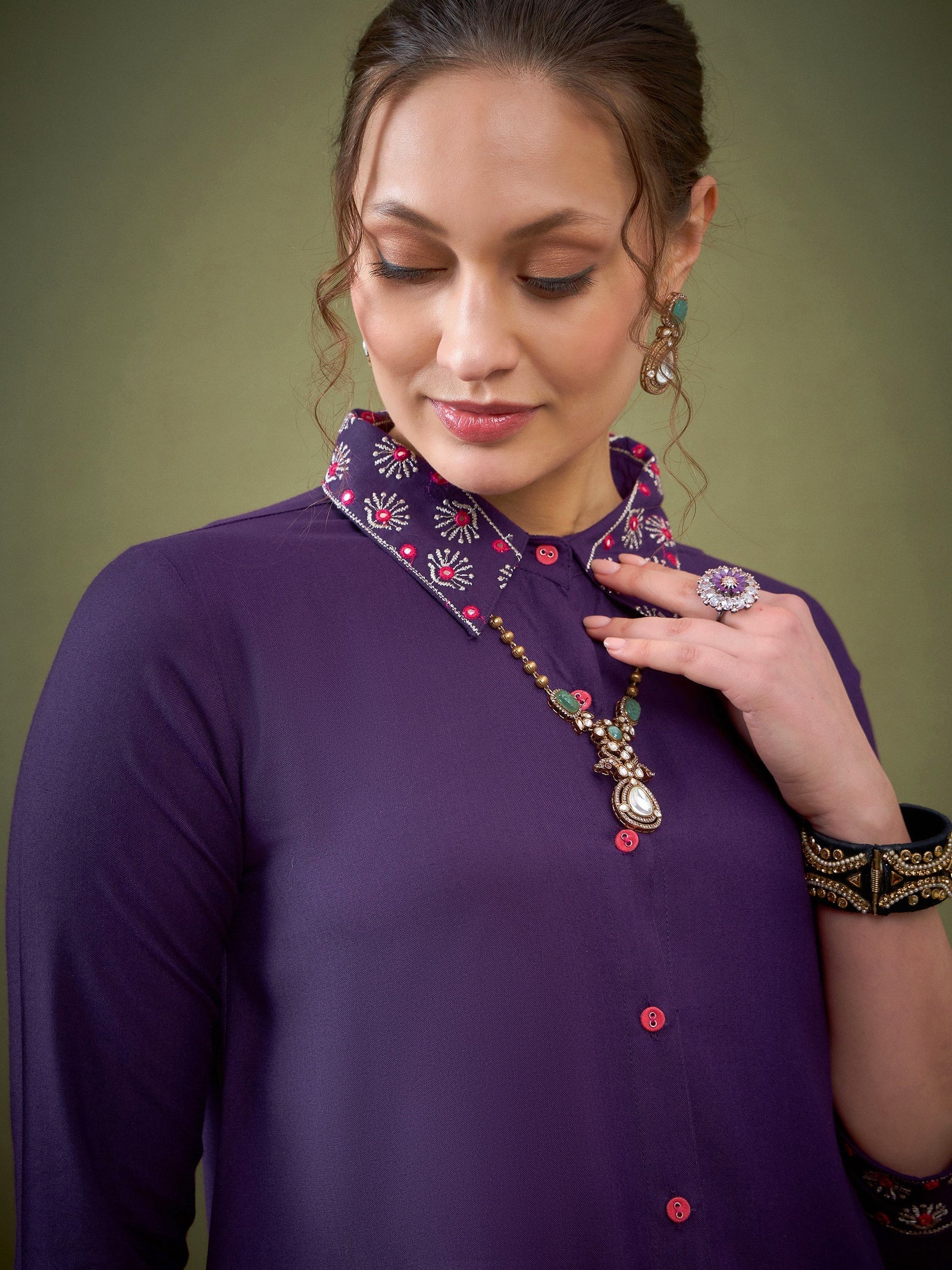 Dark Purple Sleeves & Collar Embroidered Shirt With Cuff Pants-Shae by SASSAFRAS