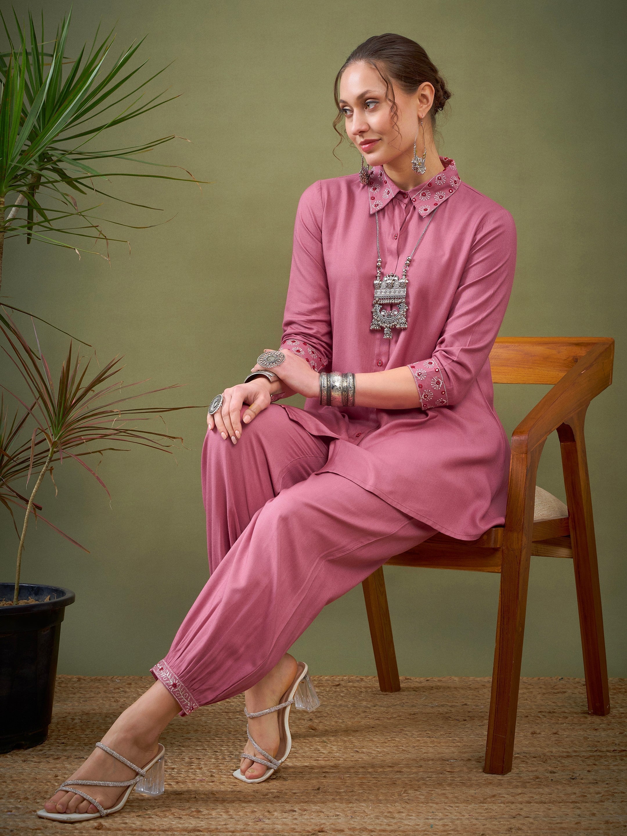 Pink Sleeves & Collar Embroidered Shirt With Cuff Pants-Shae by SASSAFRAS