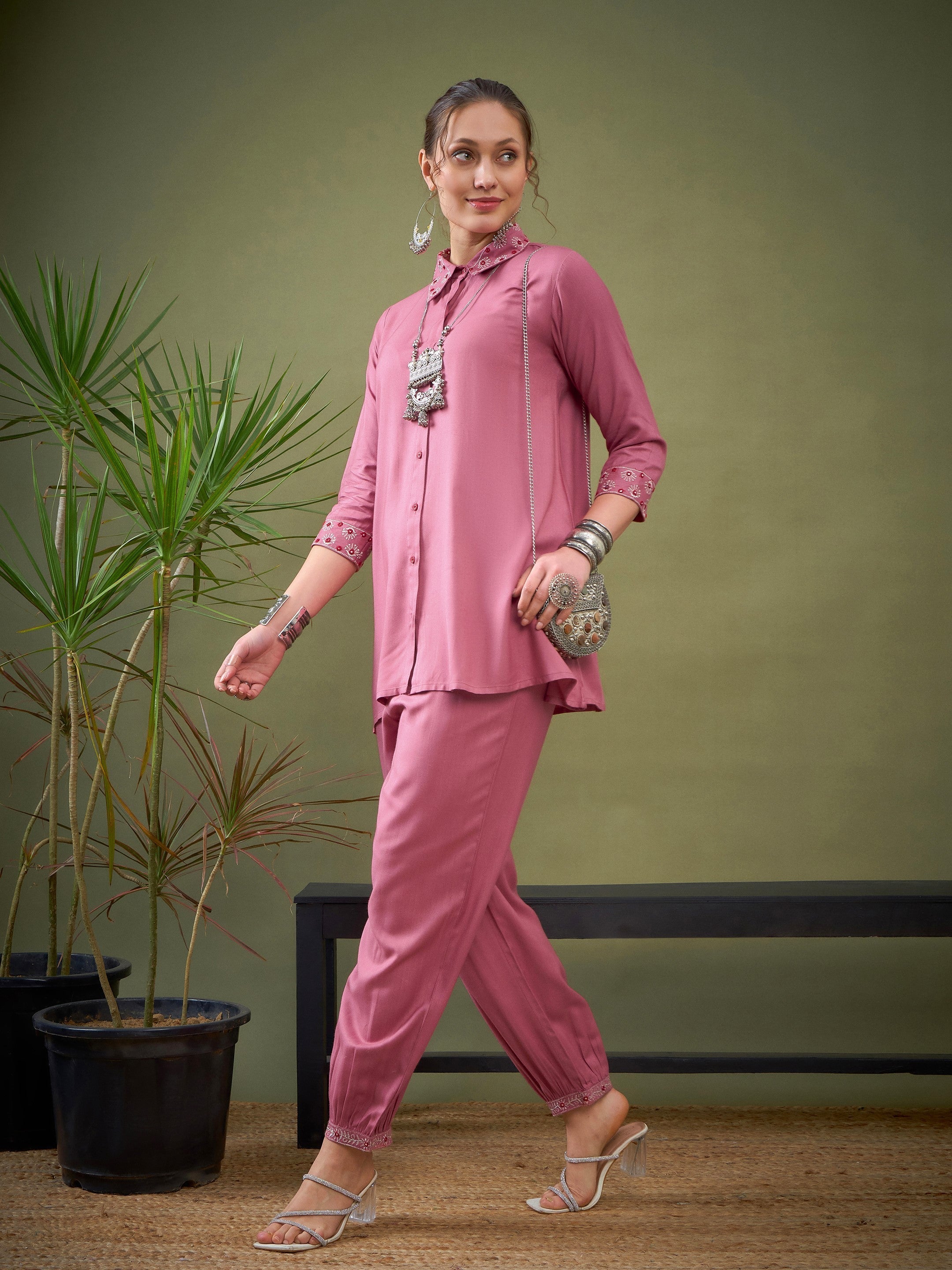 Pink Sleeves & Collar Embroidered Shirt With Cuff Pants-Shae by SASSAFRAS