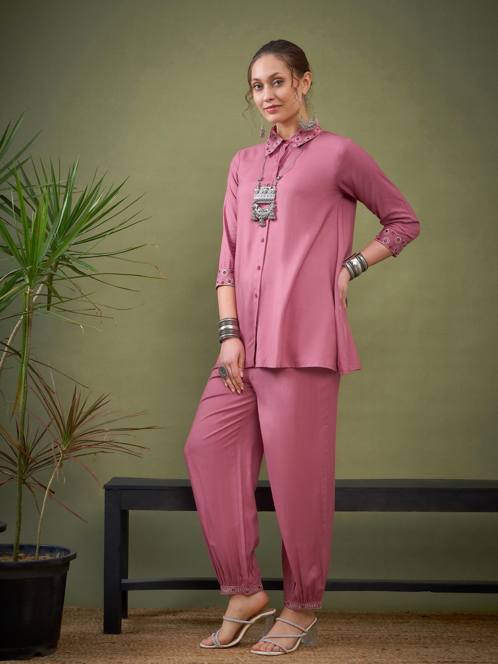 Pink Sleeves & Collar Embroidered Shirt With Cuff Pants-Shae by SASSAFRAS