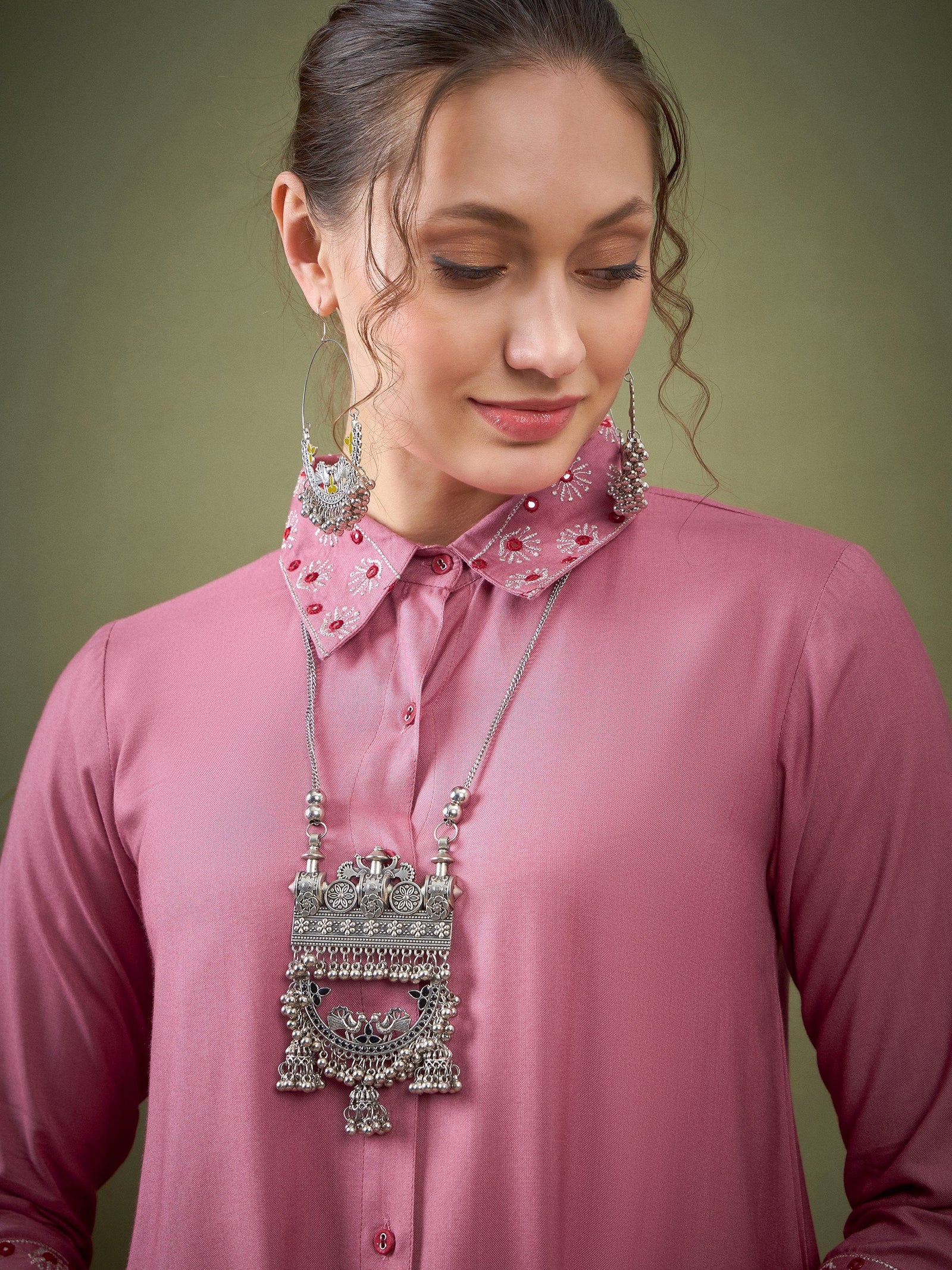 Pink Sleeves & Collar Embroidered Shirt With Cuff Pants-Shae by SASSAFRAS